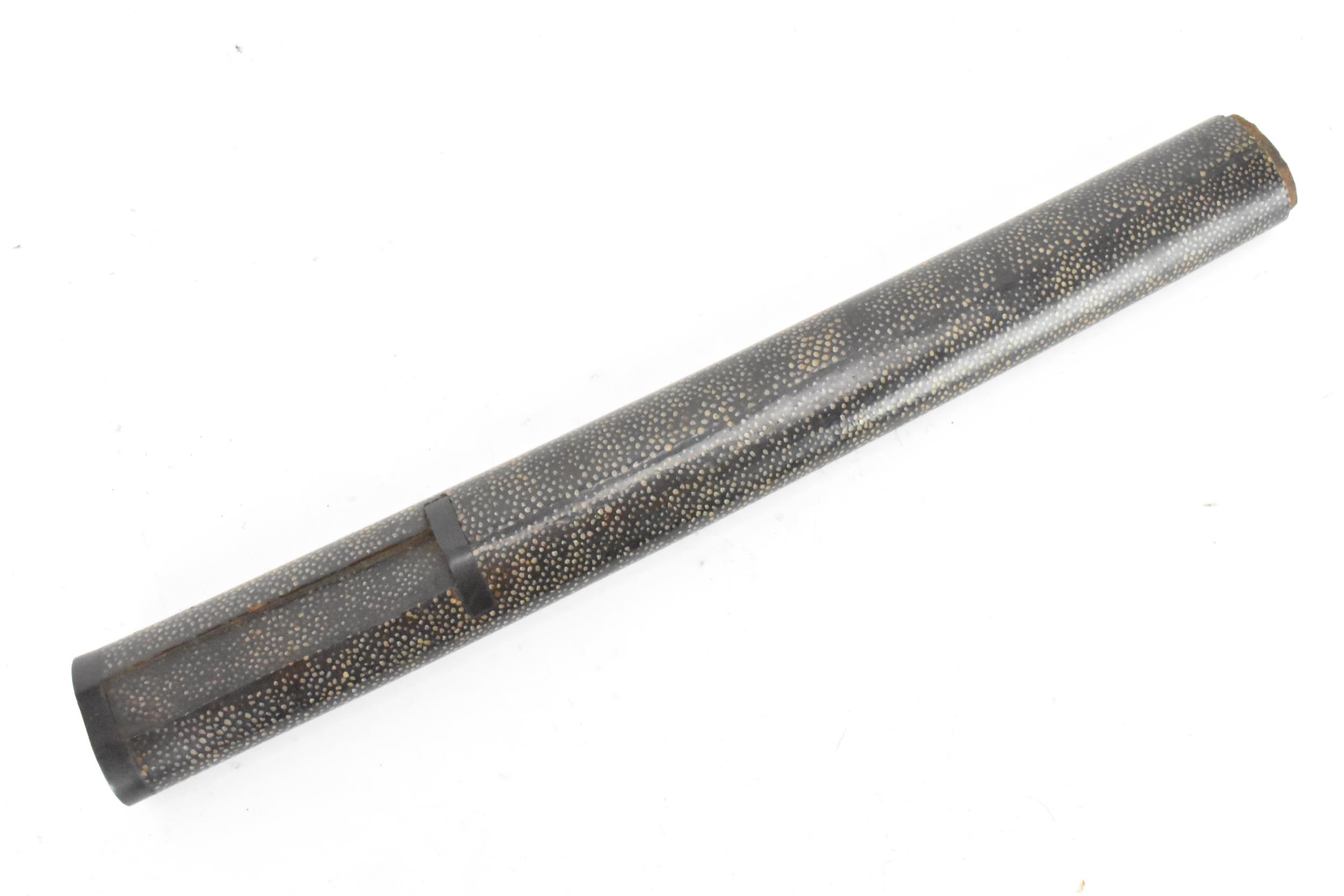 A Japanese wakizashi sword, steel blade, pierced tsuba, brown braid bound tsuka, shagreen handle, - Image 6 of 7