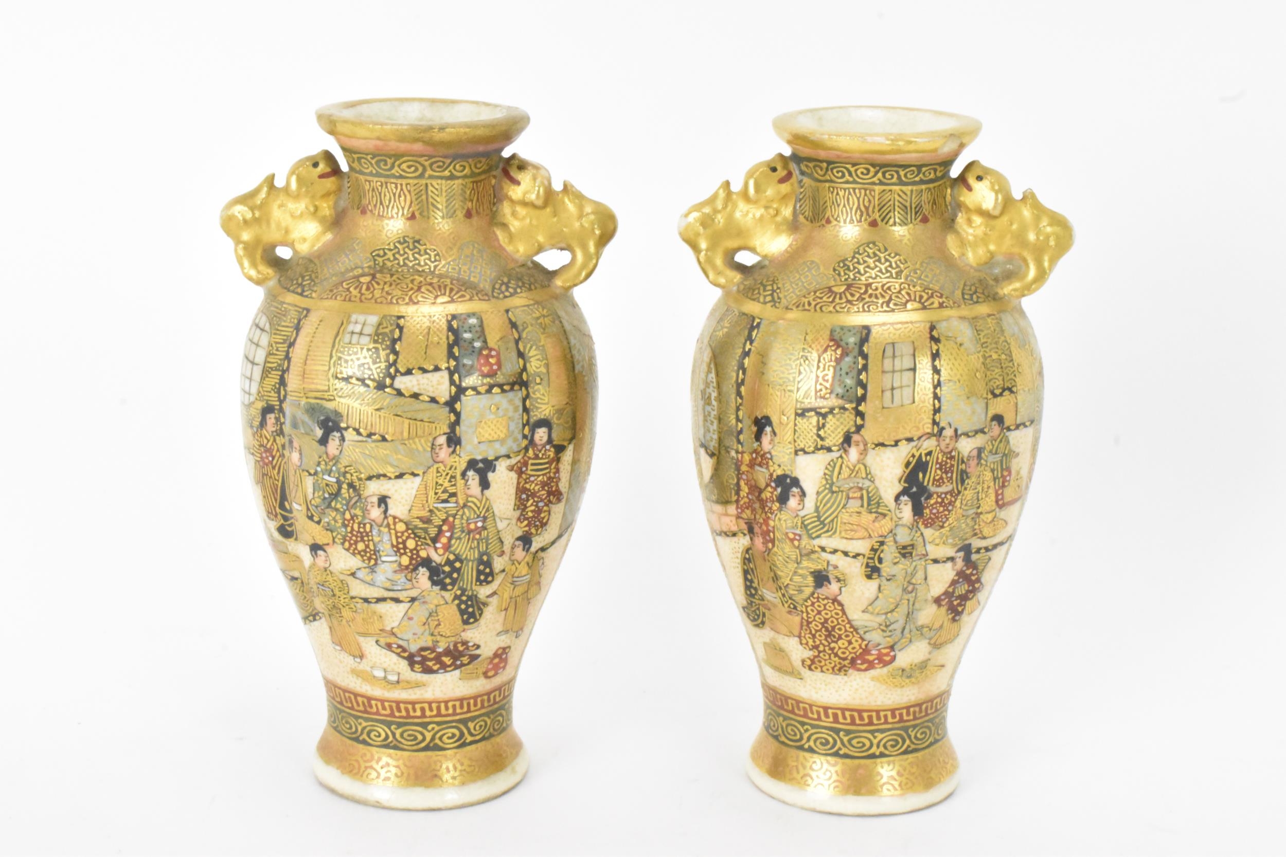 A pair of Japanese Meiji Satsuma miniature vases and a later example, the pair of tapered form, - Image 3 of 7