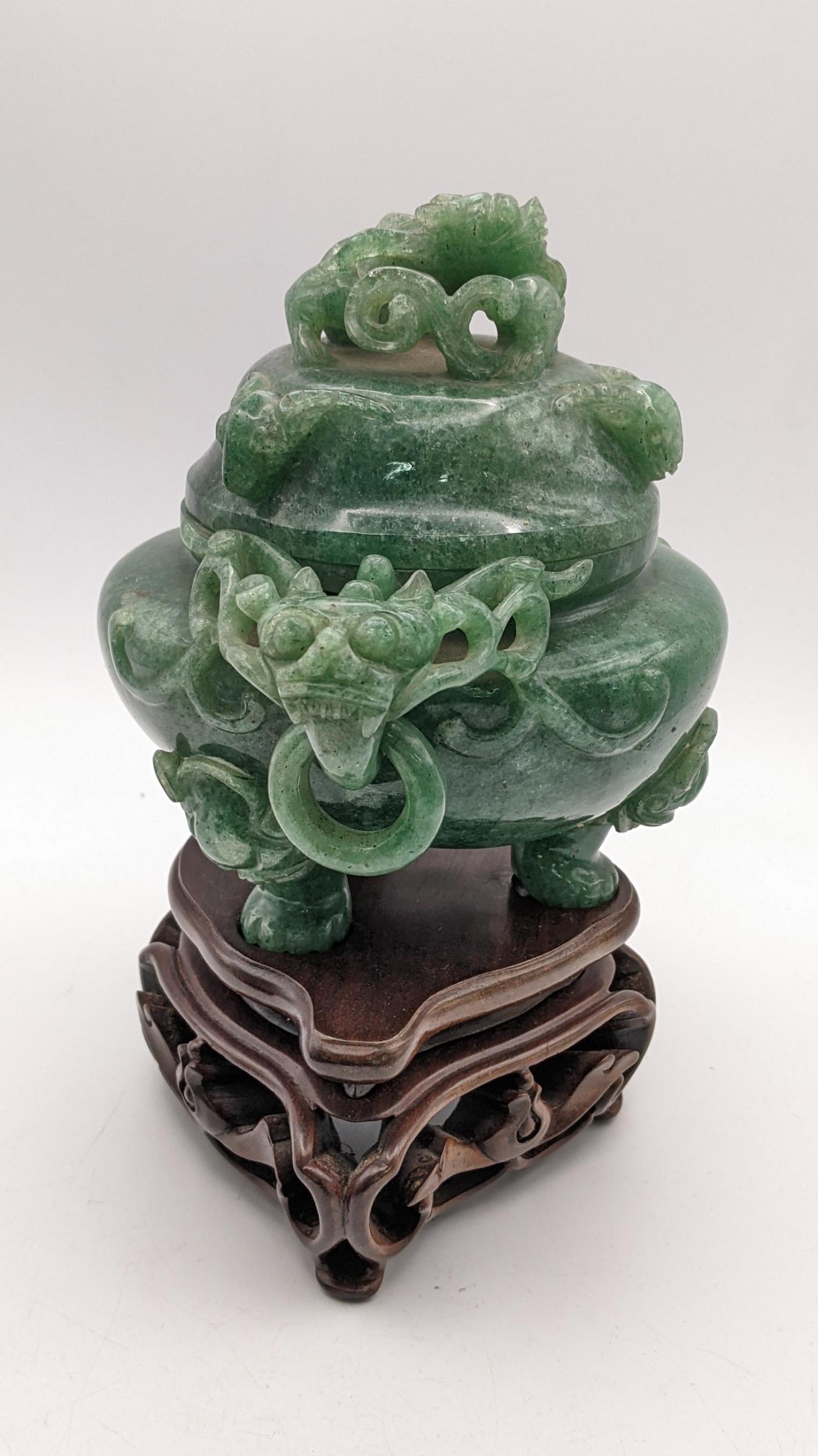 A 20th century Chinese jade censor, the lid decorated with a coiled dragon - Image 4 of 5