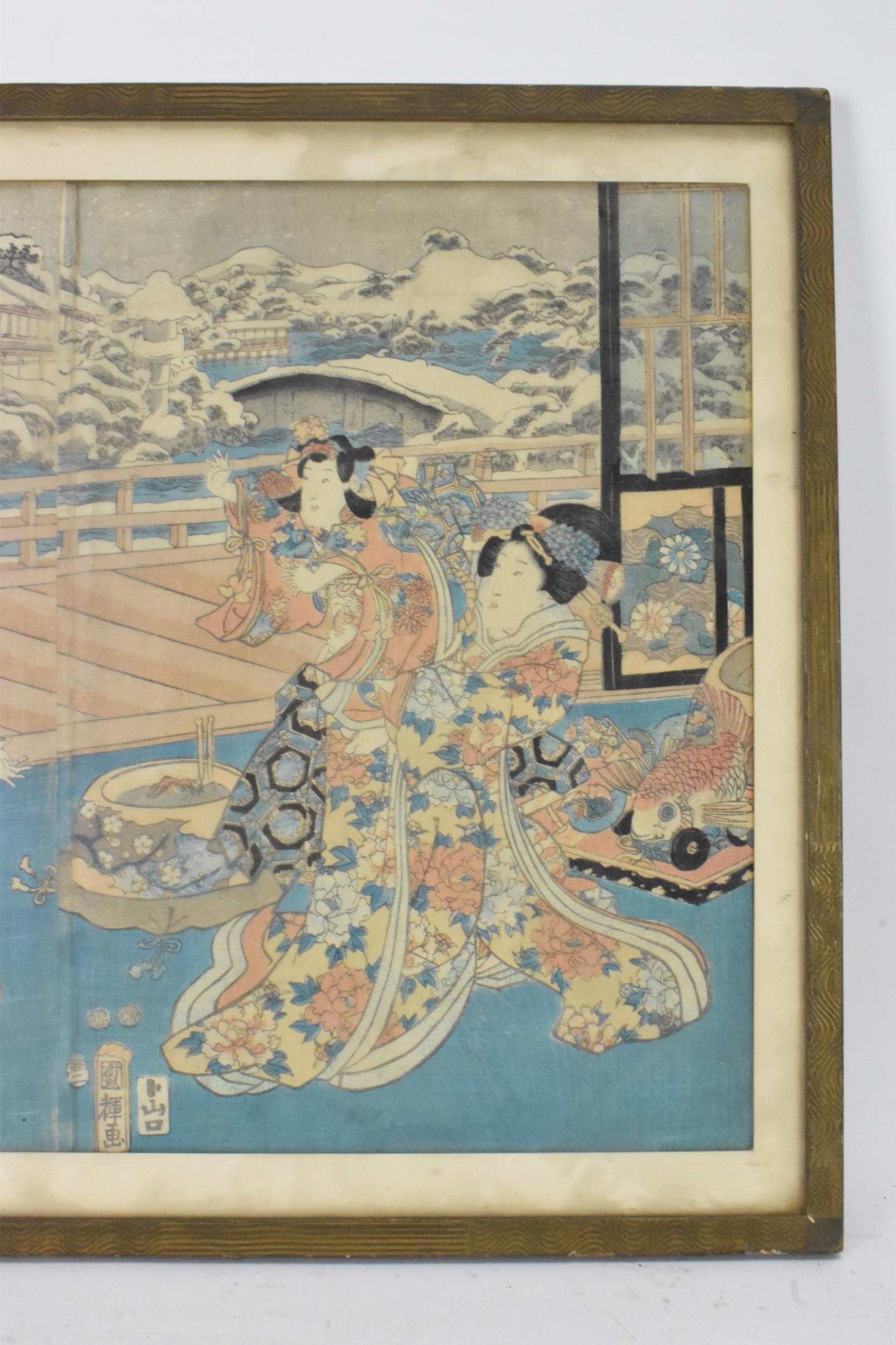 Utagawa Kuniyoshi (1797-1861) A mid 19th century woodblock print depicting Geisha girls interior - Image 2 of 8