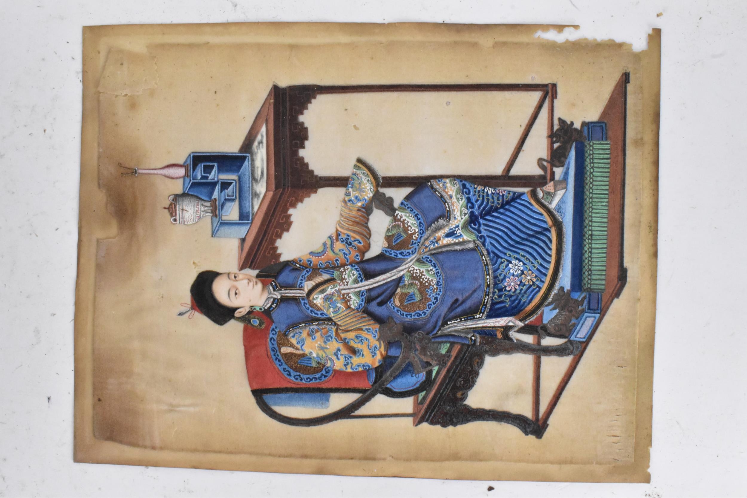 Two Chinese export late Qing dynasty watercolours on rice paper paintings depicted a seated - Image 3 of 5