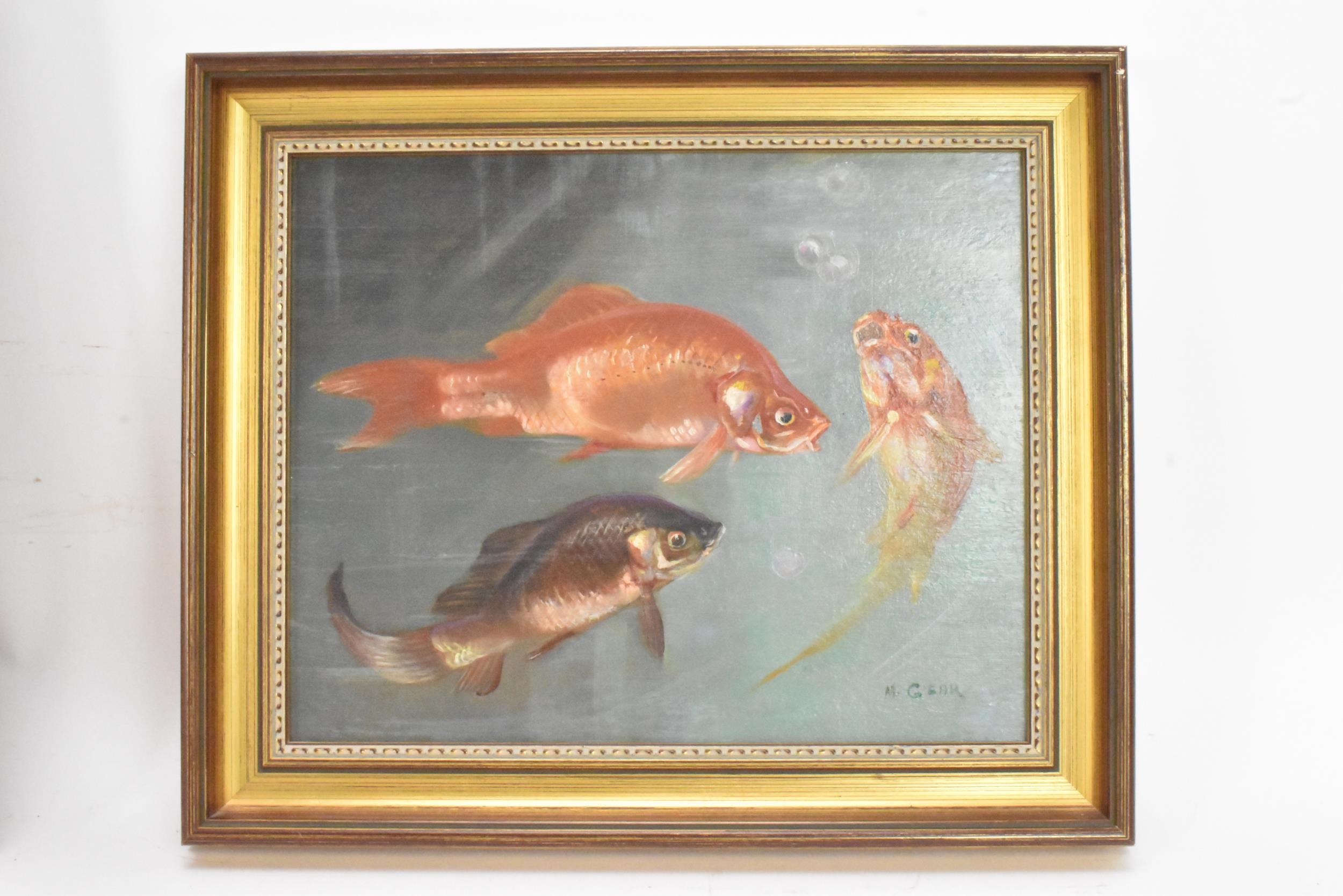 Two paintings to include Mabel Gear (British 1900-1997) - An oil on board depicting three fish, 25. - Image 2 of 9