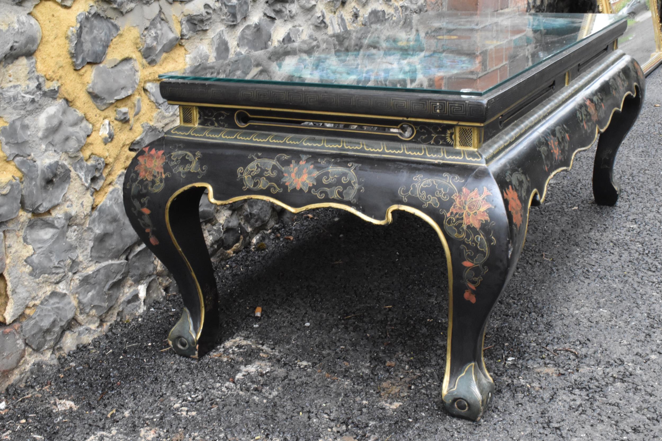 A Chinese 20th century cloisonne coffee table, the black lacquered low coffee table with a - Image 3 of 10
