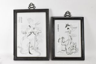 Two 20th century Chinese porcelain framed panels to include one depicting two dancing figures with