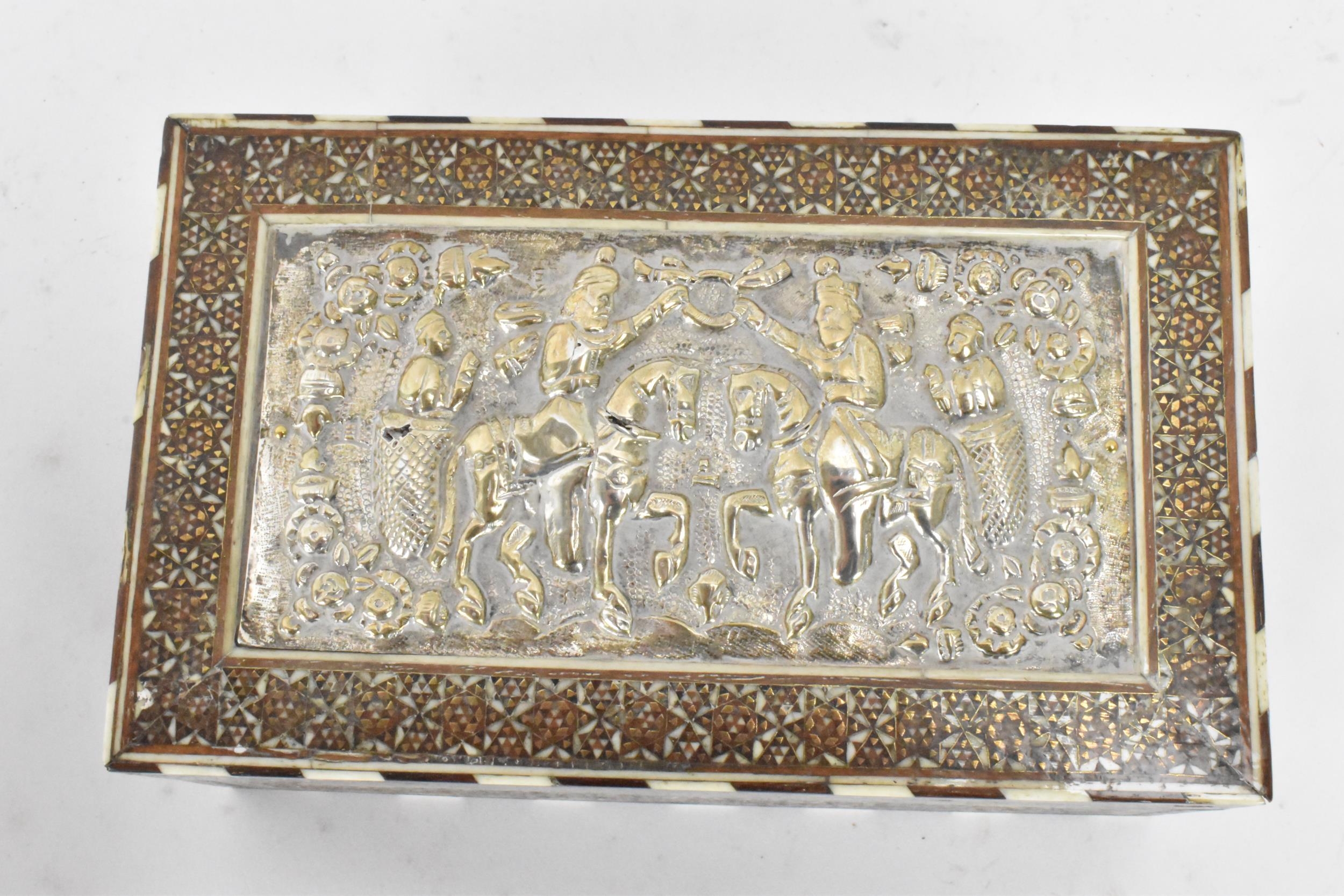 A late 19th century Indo-Persian katamkari cigarette box, decorated with a silver repousse panel - Image 2 of 8