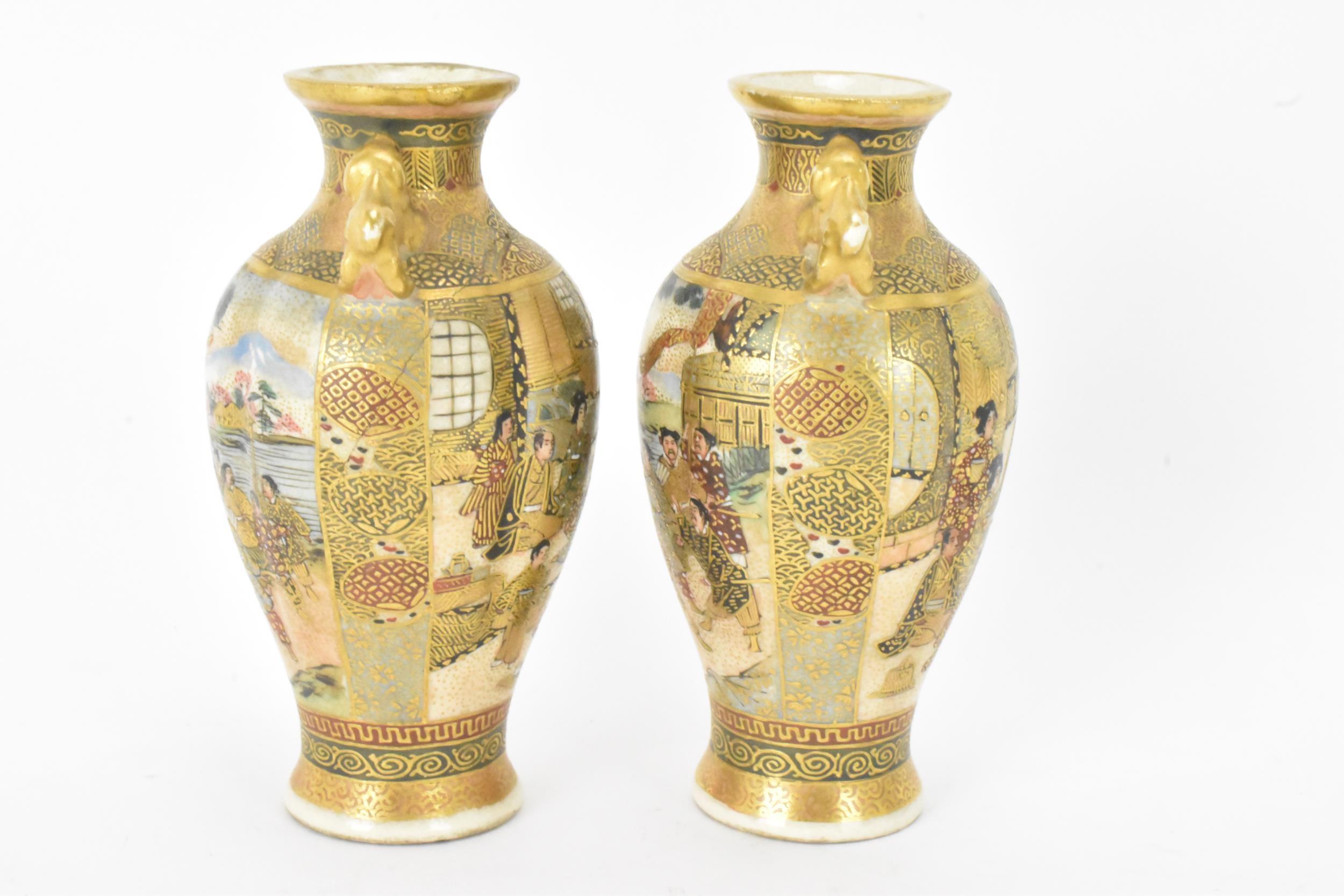 A pair of Japanese Meiji Satsuma miniature vases and a later example, the pair of tapered form, - Image 2 of 7