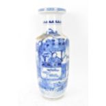 A Chinese late Qing dynasty blue and white rouleau vase, late 19th/early 20th century, decorated