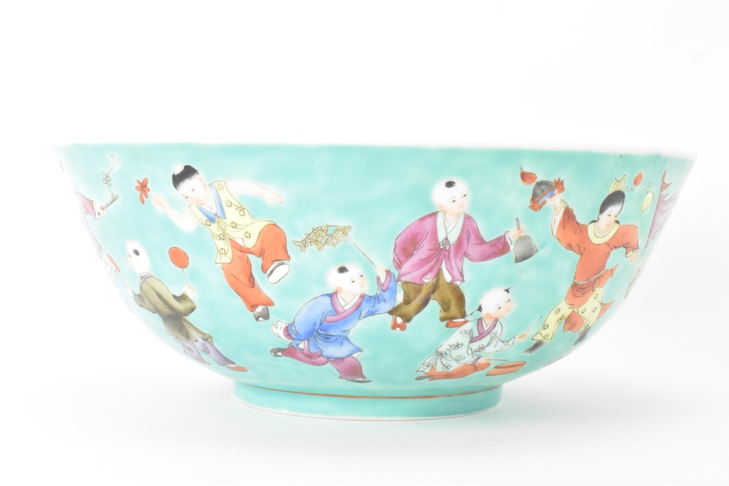 A Chinese Famille Rose porcelain bowl, on a turquoise ground and decorated in various enamels - Image 3 of 6