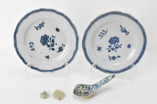 A pair of Chinese 18th century Qianlong blue and white plates 16cm diameter, together with a blue