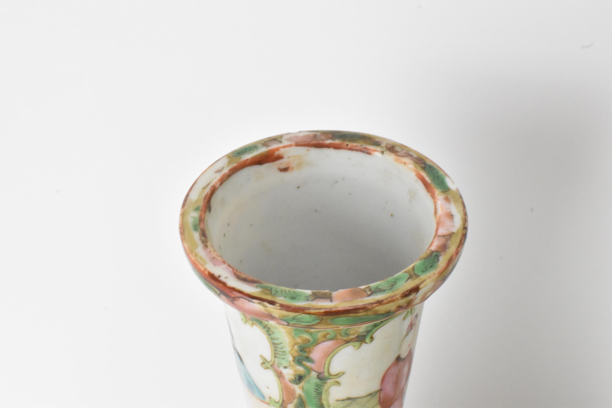 A pair of Chinese late 19th century Canton Famille Rose vases, of cylindrical tapered form, the - Image 5 of 8