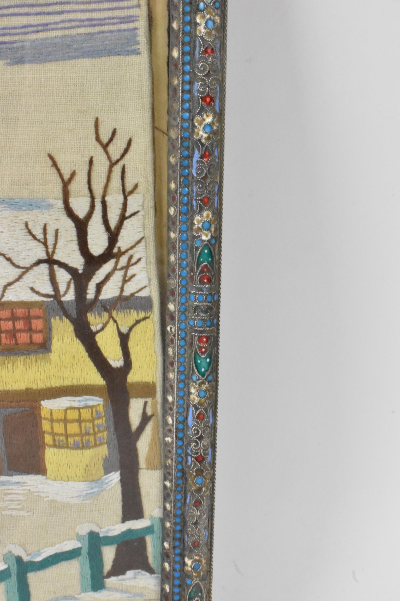 A Russian silver early 20th century champleve enamel photograph frame, inset with a tapestry and - Image 4 of 15