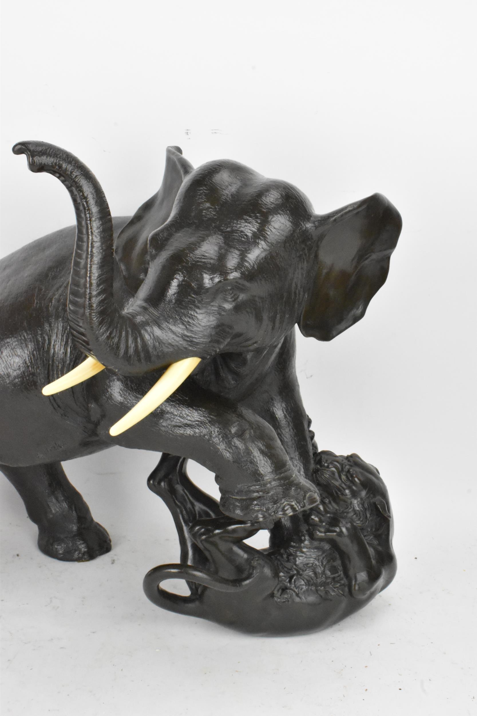 A Japanese Meiji period bronze group modeled as an elephant being attacked by three Siberian tigers, - Image 3 of 15