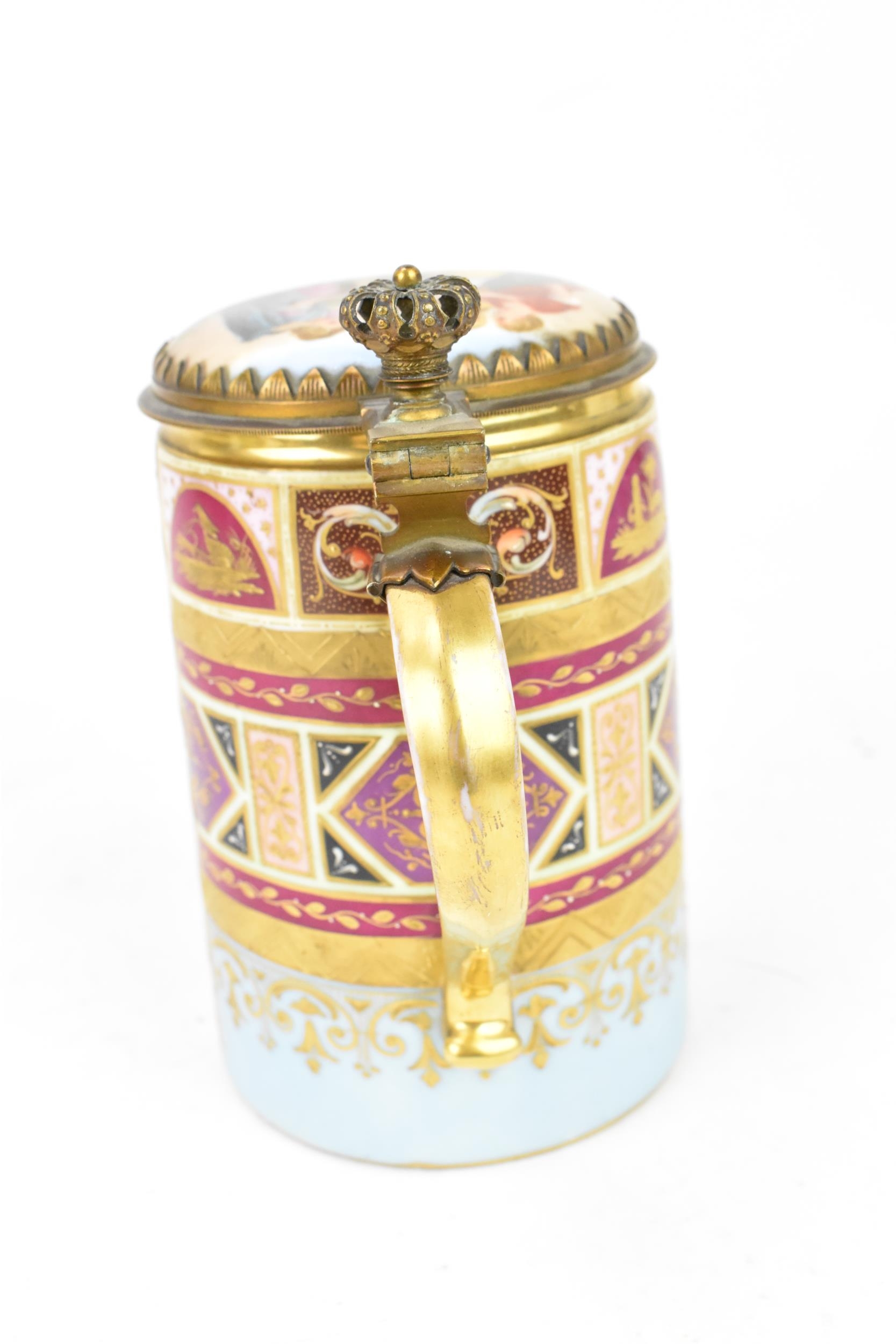 A brass-mounted Royal Vienna porcelain tankard, of cylindrical form painted with a figurative - Image 6 of 9