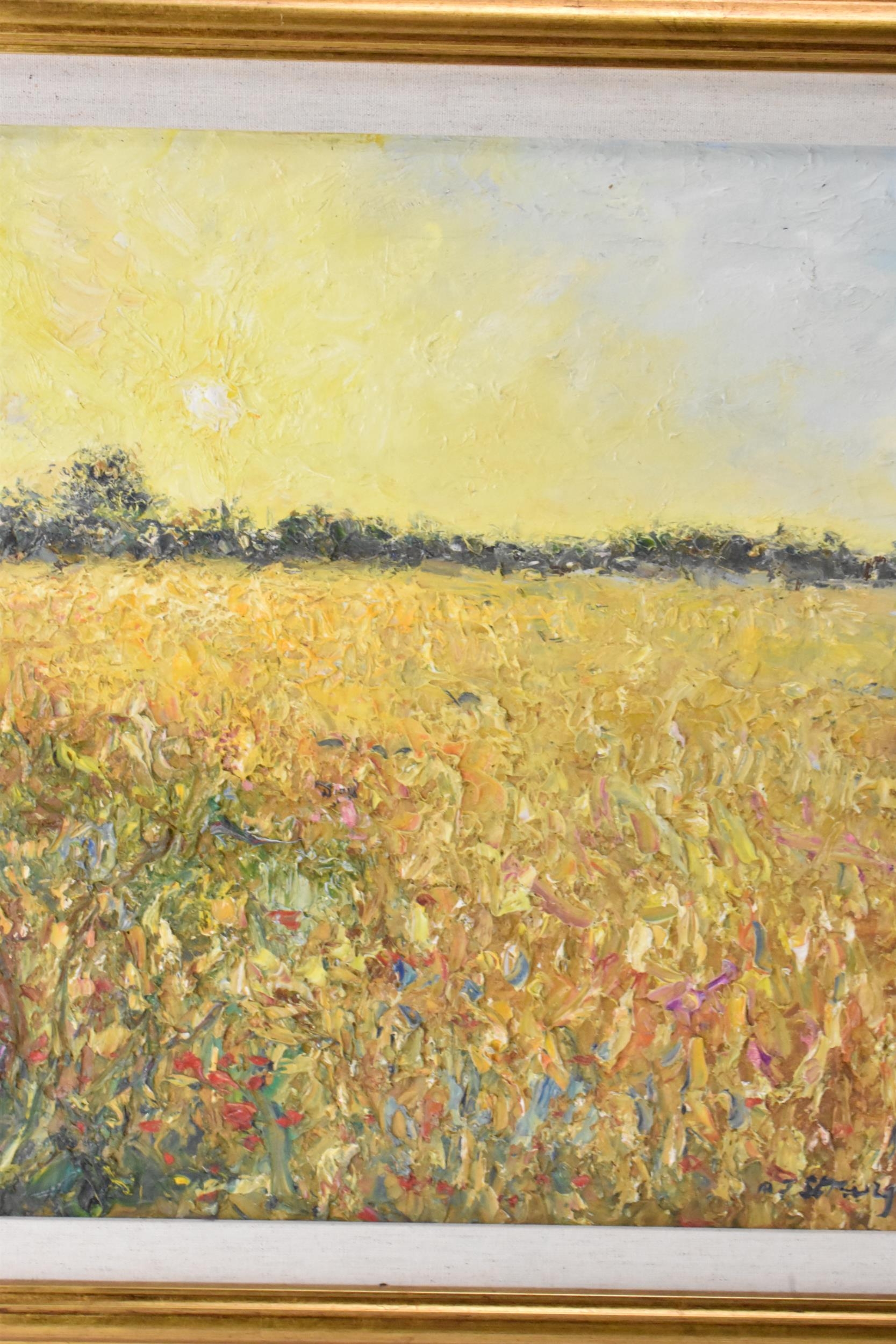Michael James Strang (British 1942-2021) - Oil on canvas entitled 'Cornfield Near Helston, - Image 3 of 6