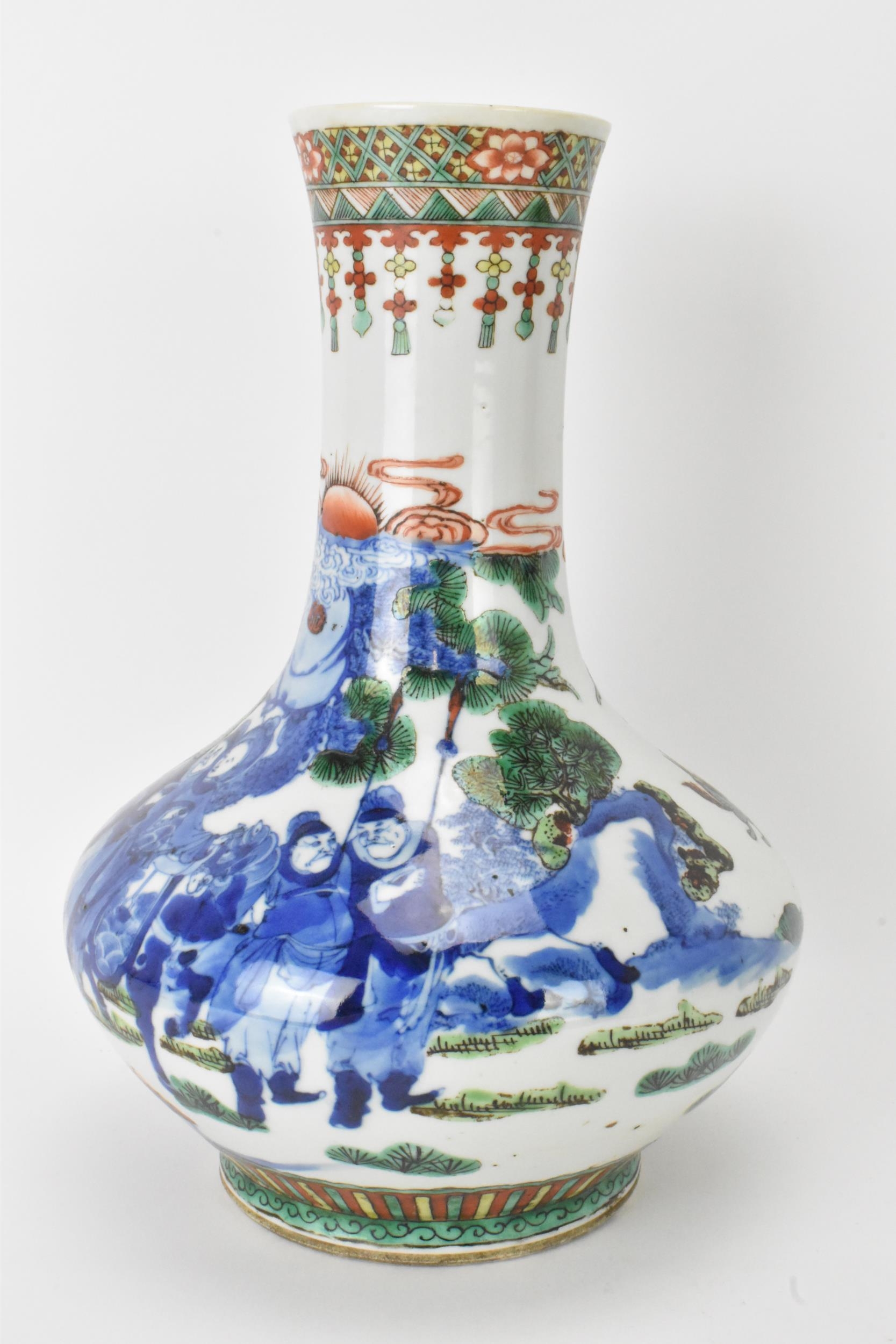 A Chinese Famille Vert bottle neck vase, decorated with figures, horse and butterflies in a - Image 2 of 6
