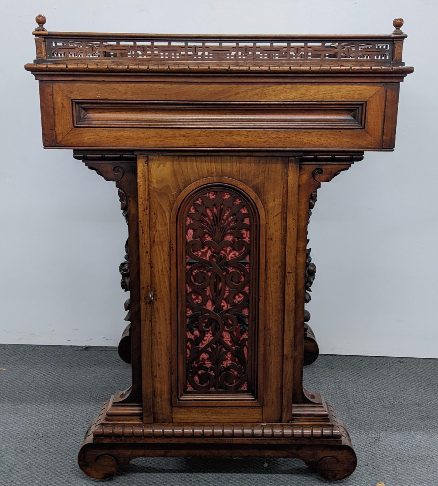 A late Victorian walnut centre pedestal cabinet, having a pierced gallery with turned ball - Image 6 of 11