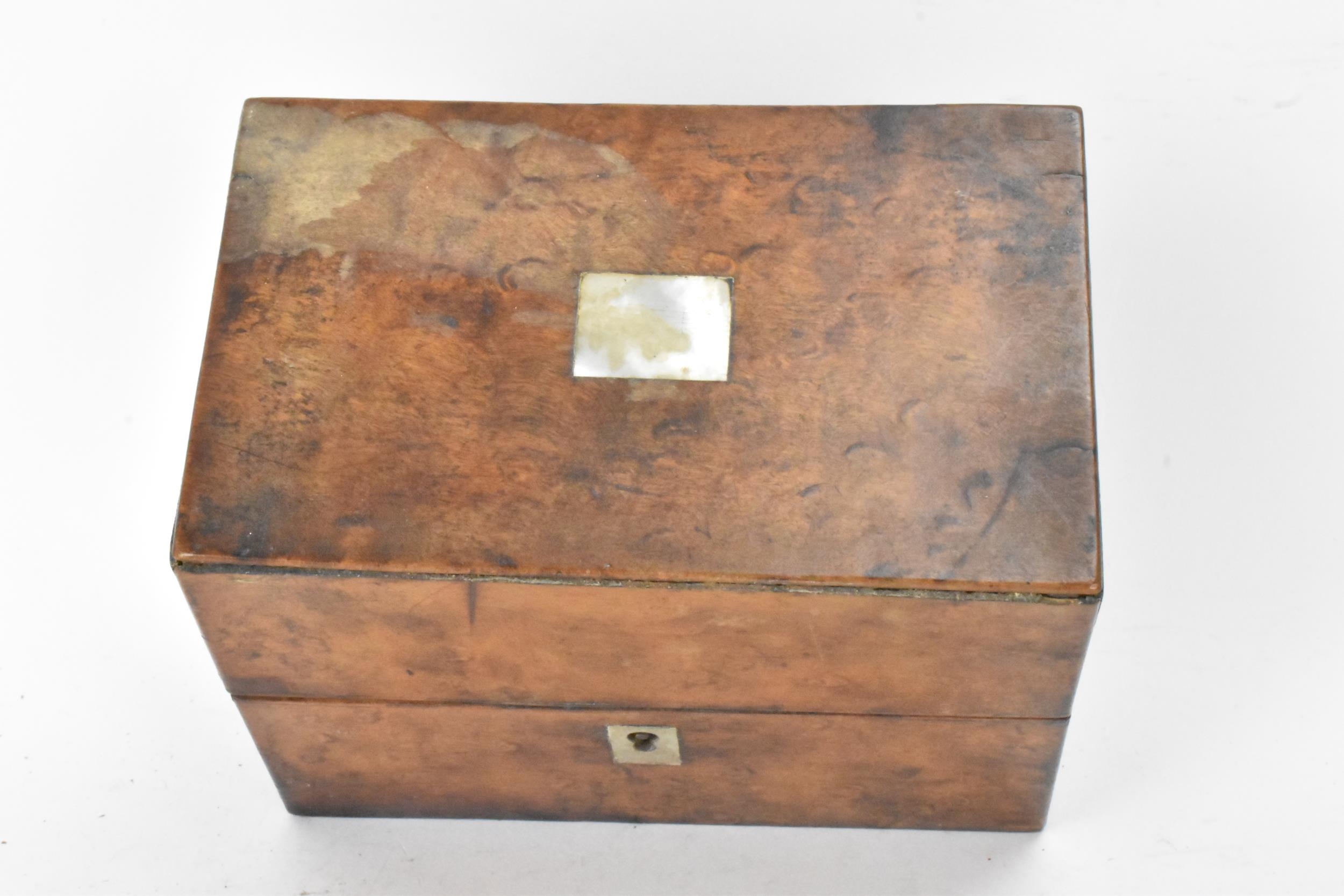 A Victorian apothecary burr veneered box, having mother of pearl escutcheon and a cartouche to the - Image 6 of 8