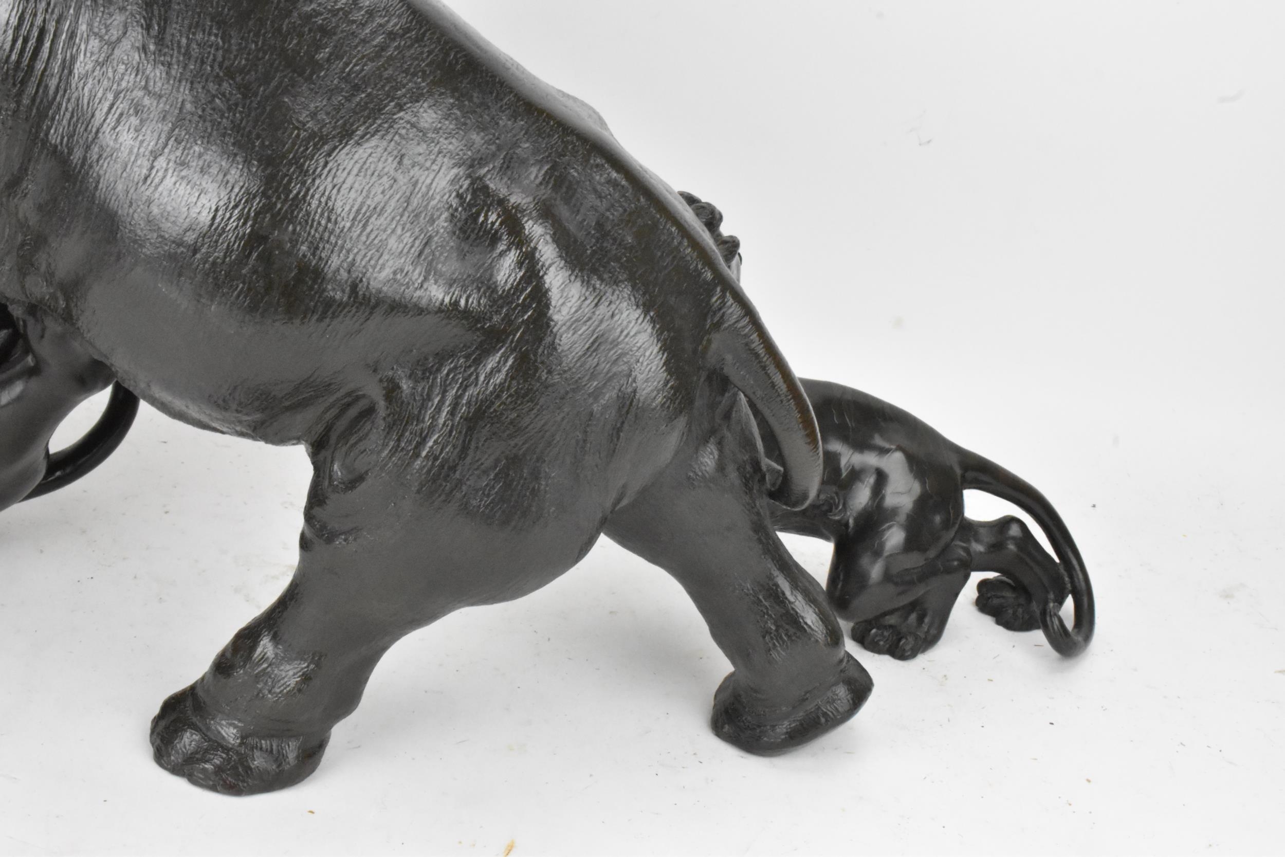 A Japanese Meiji period bronze group modeled as an elephant being attacked by three Siberian tigers, - Image 8 of 15