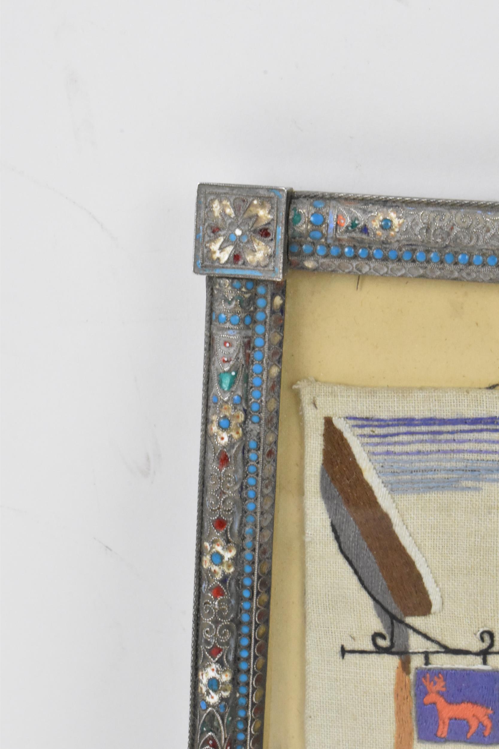 A Russian silver early 20th century champleve enamel photograph frame, inset with a tapestry and - Image 9 of 15
