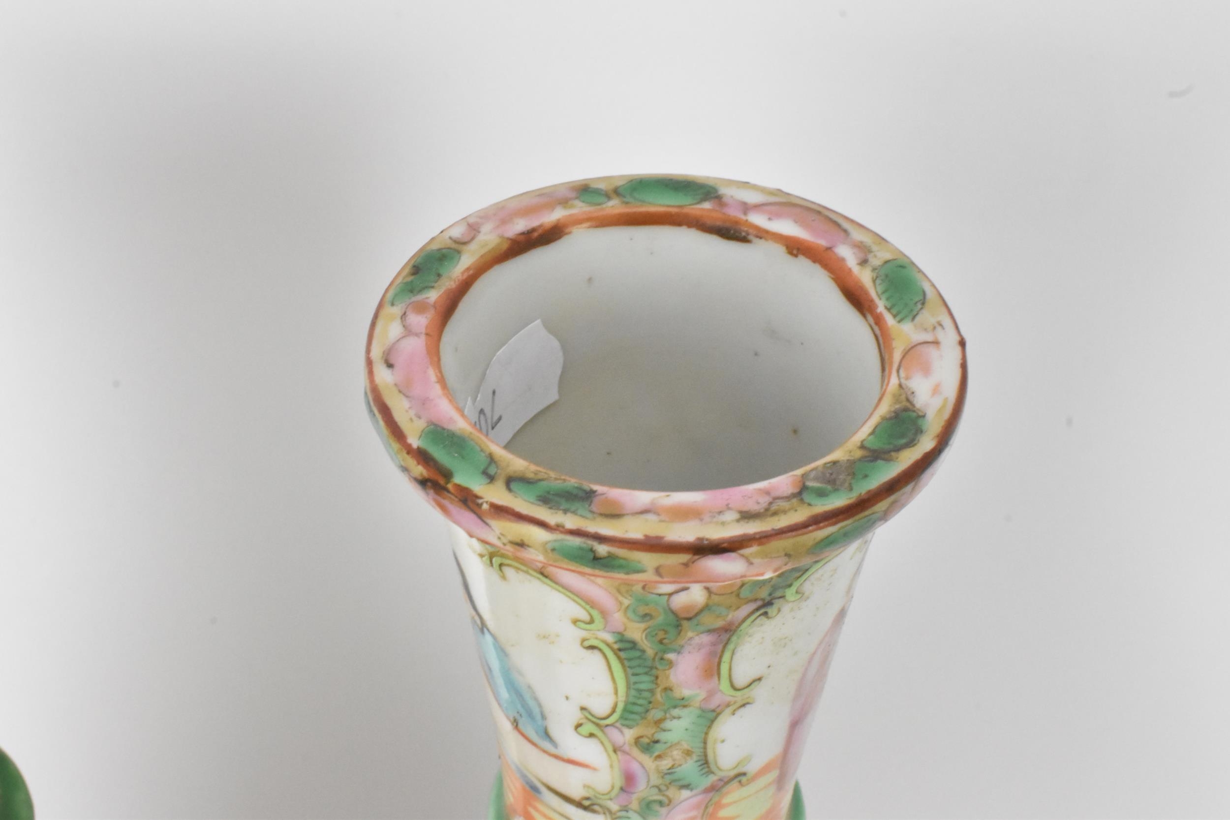 A pair of Chinese late 19th century Canton Famille Rose vases, of cylindrical tapered form, the - Image 6 of 8