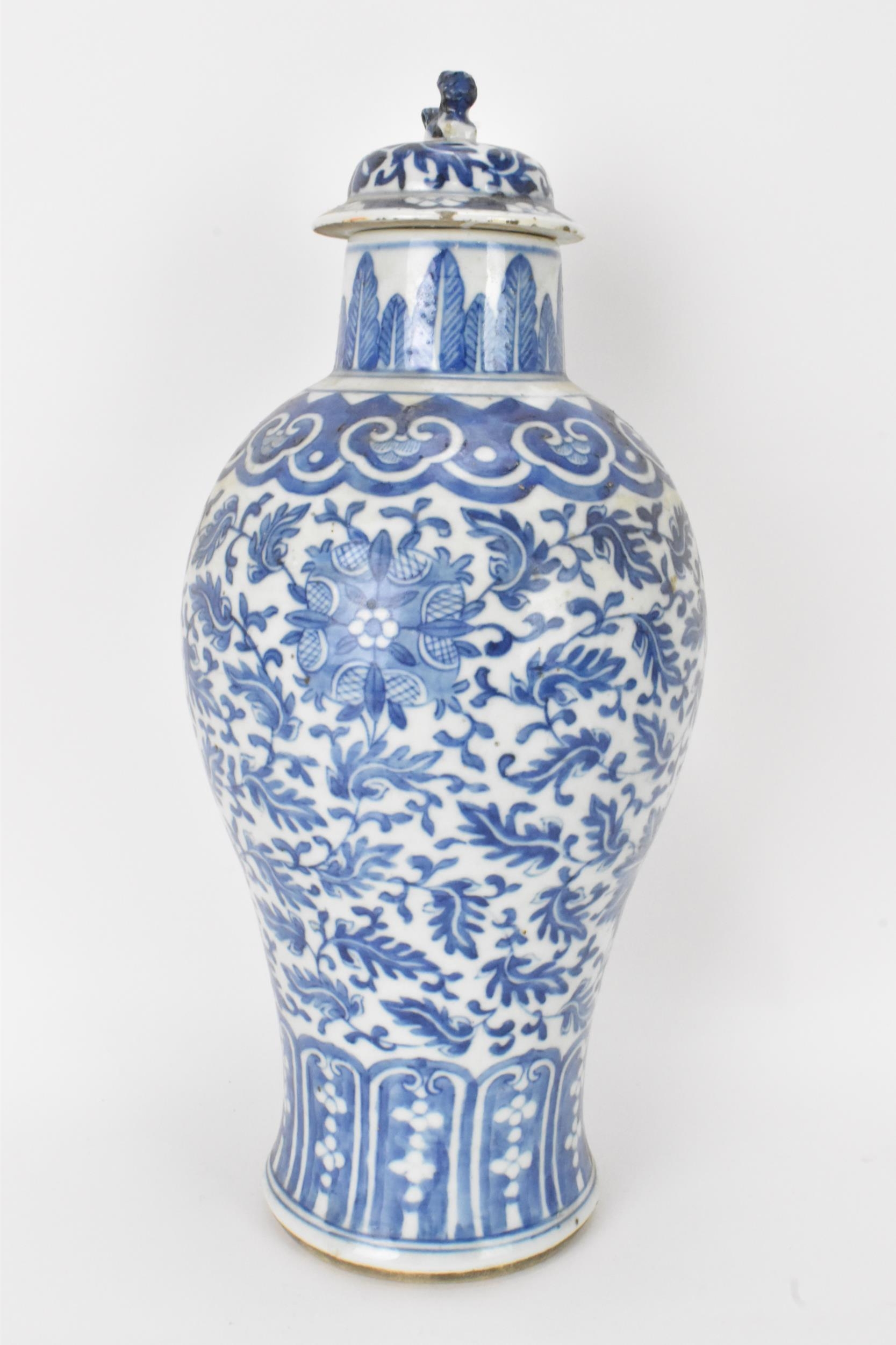 A Chinese Qing dynasty blue and white lidded vase, late 19th century, baluster shape with Xuande - Image 2 of 7