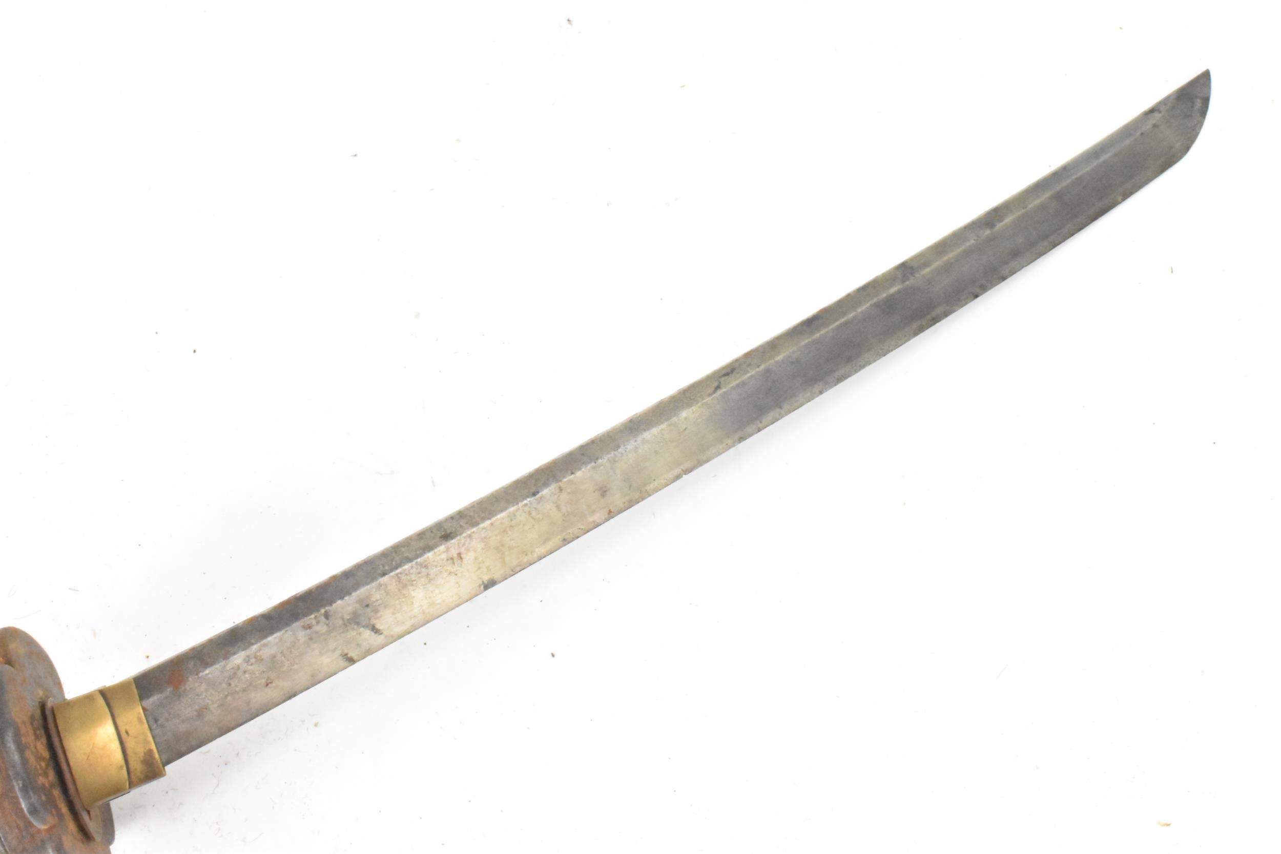 A Japanese wakizashi sword, steel blade, pierced tsuba, black braid bound tsuka, shagreen handle, - Image 4 of 5