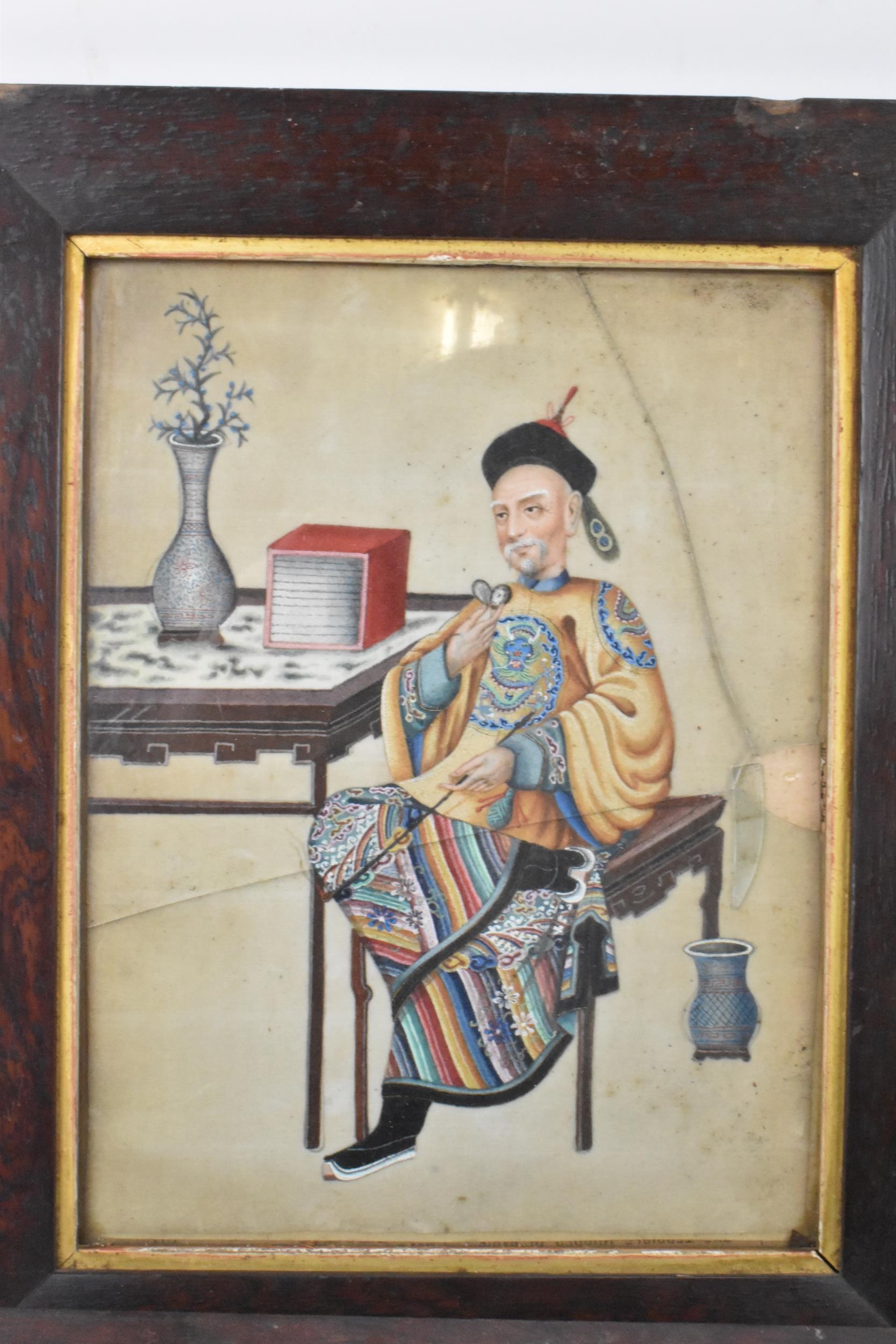 Two Chinese export late Qing dynasty watercolours on rice paper paintings depicted a seated - Image 2 of 5