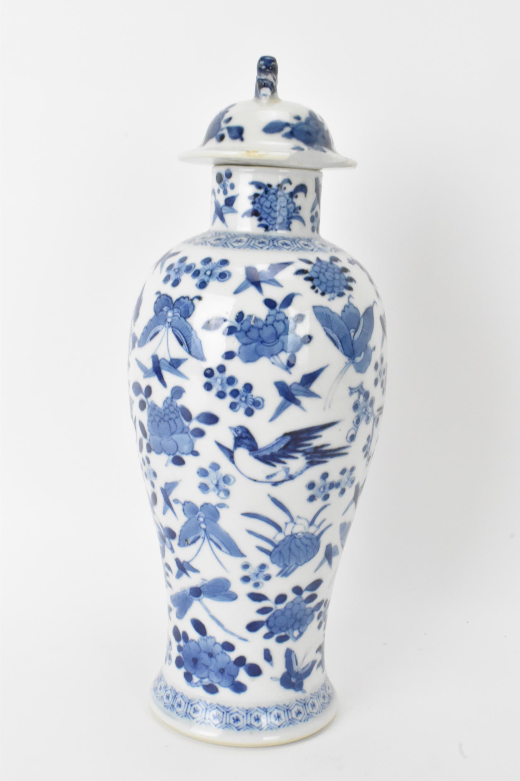 A Chinese Qing dynasty blue and white lidded vase, late 19th/early 20th century, decorated with - Image 4 of 6