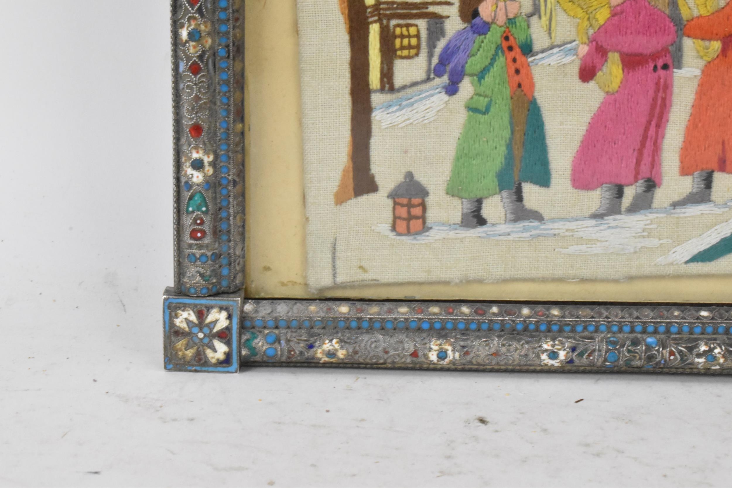 A Russian silver early 20th century champleve enamel photograph frame, inset with a tapestry and - Image 7 of 15