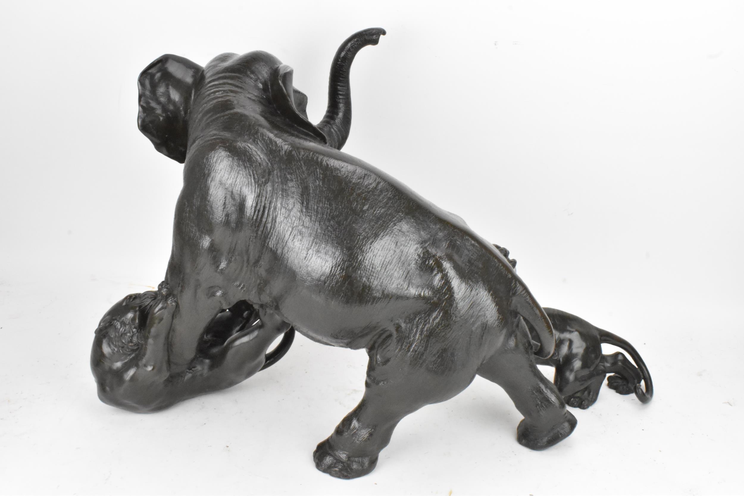 A Japanese Meiji period bronze group modeled as an elephant being attacked by three Siberian tigers, - Image 6 of 15