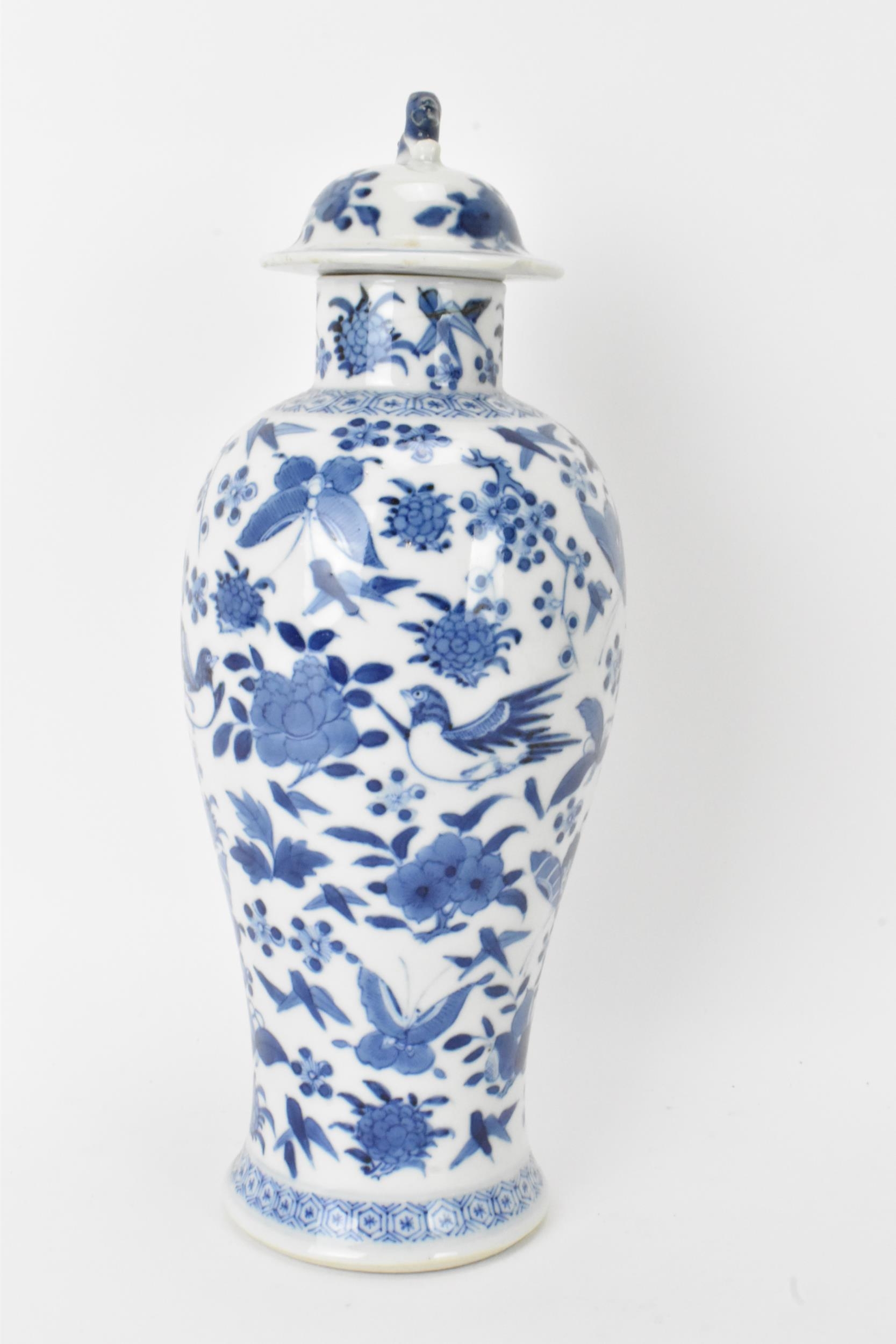 A Chinese Qing dynasty blue and white lidded vase, late 19th/early 20th century, decorated with - Image 2 of 6