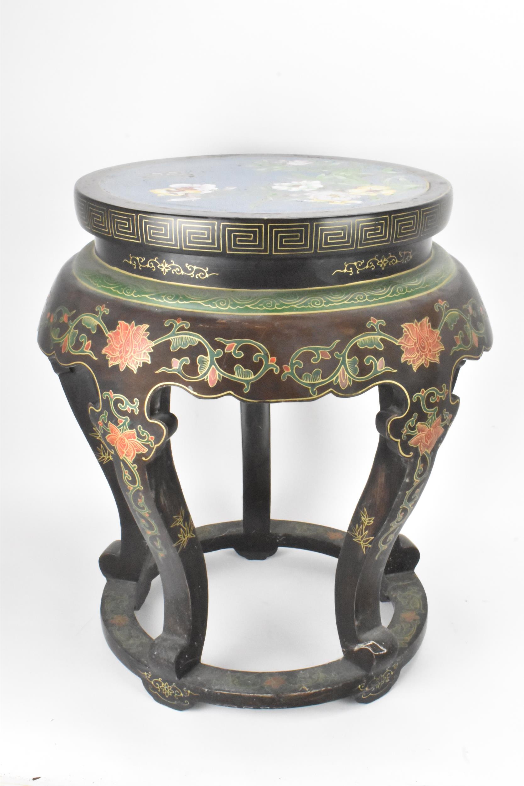 A Chinese 20th century occasional table, having a black lacquered frame supported by five curved - Image 6 of 7
