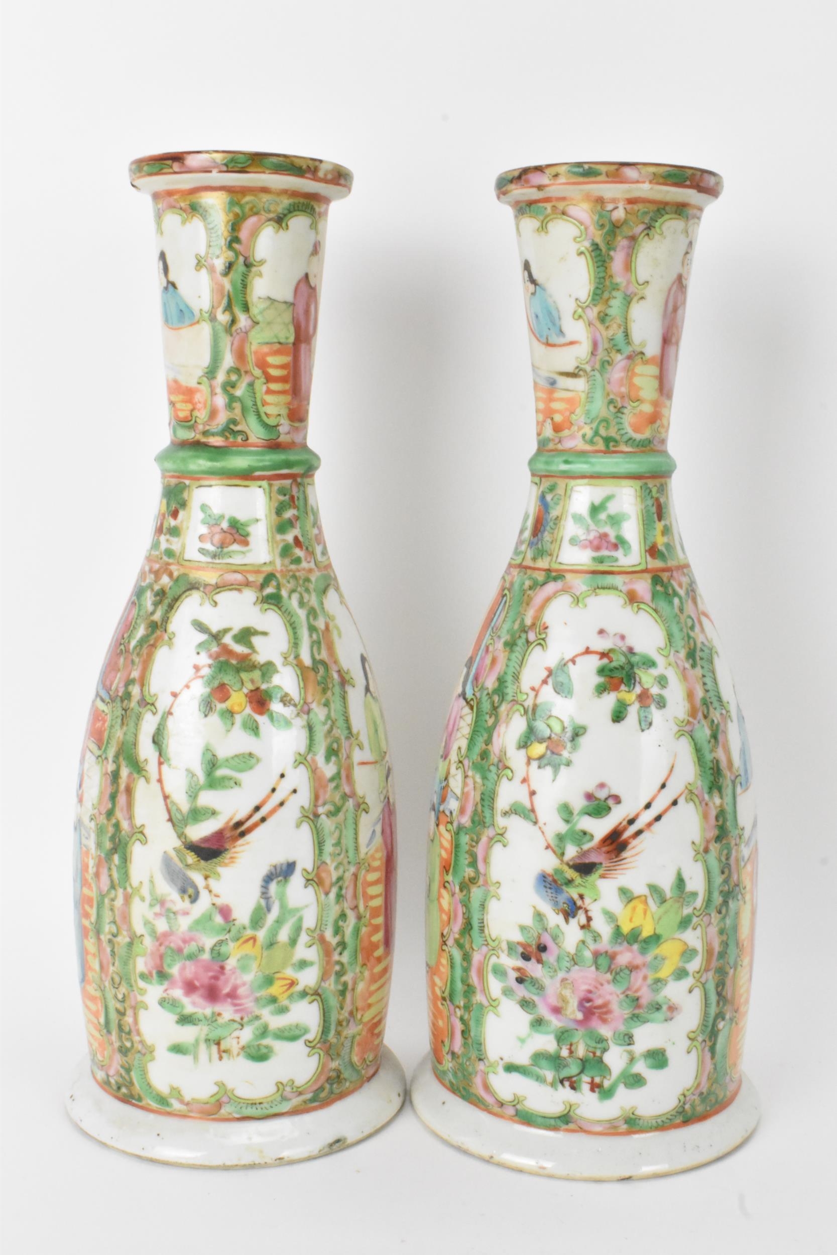 A pair of Chinese late 19th century Canton Famille Rose vases, of cylindrical tapered form, the - Image 4 of 8