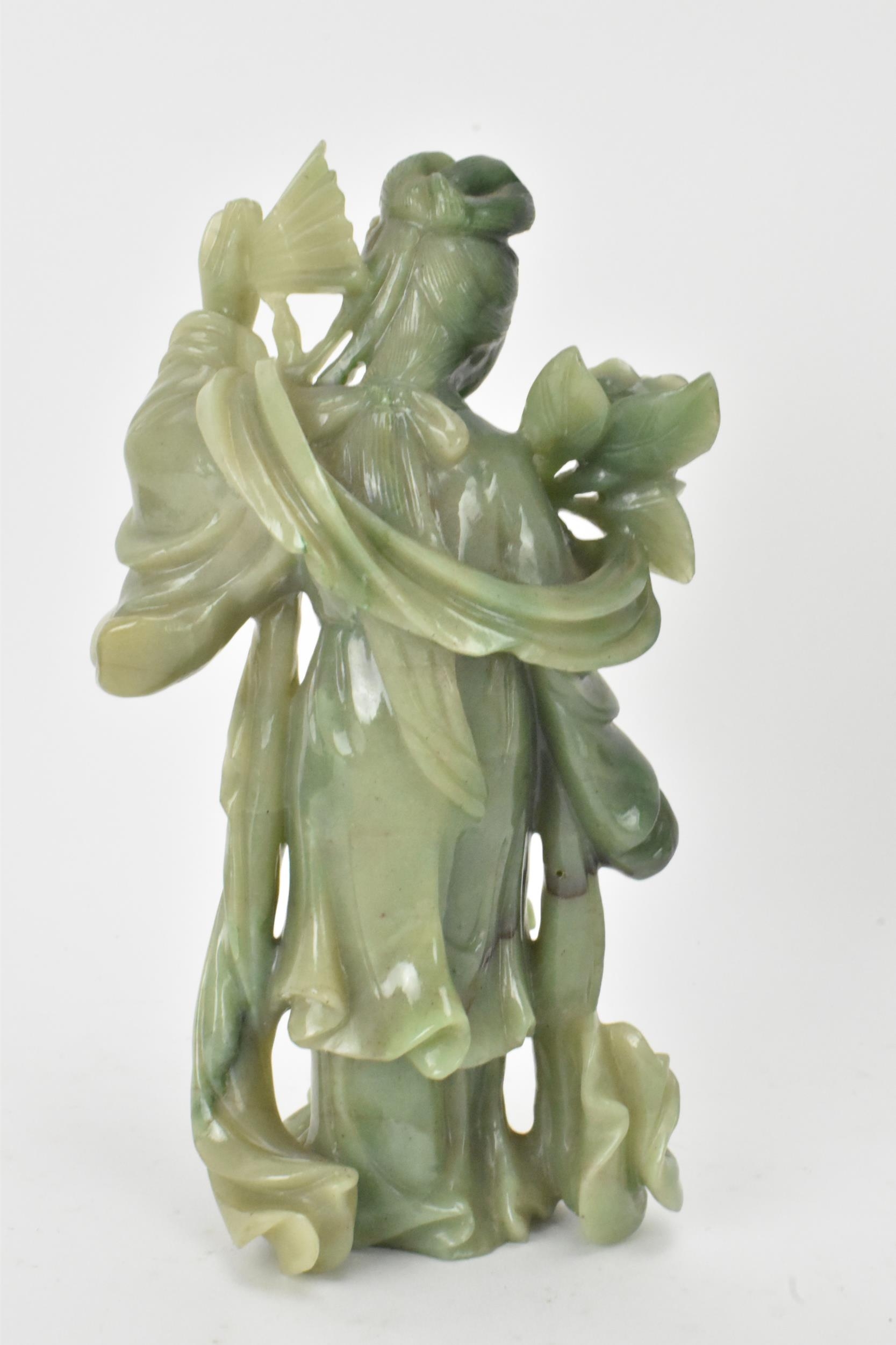 Two Chinese 20th century jadeite carved figures, the green example modeled holding a fan and flowers - Image 6 of 7