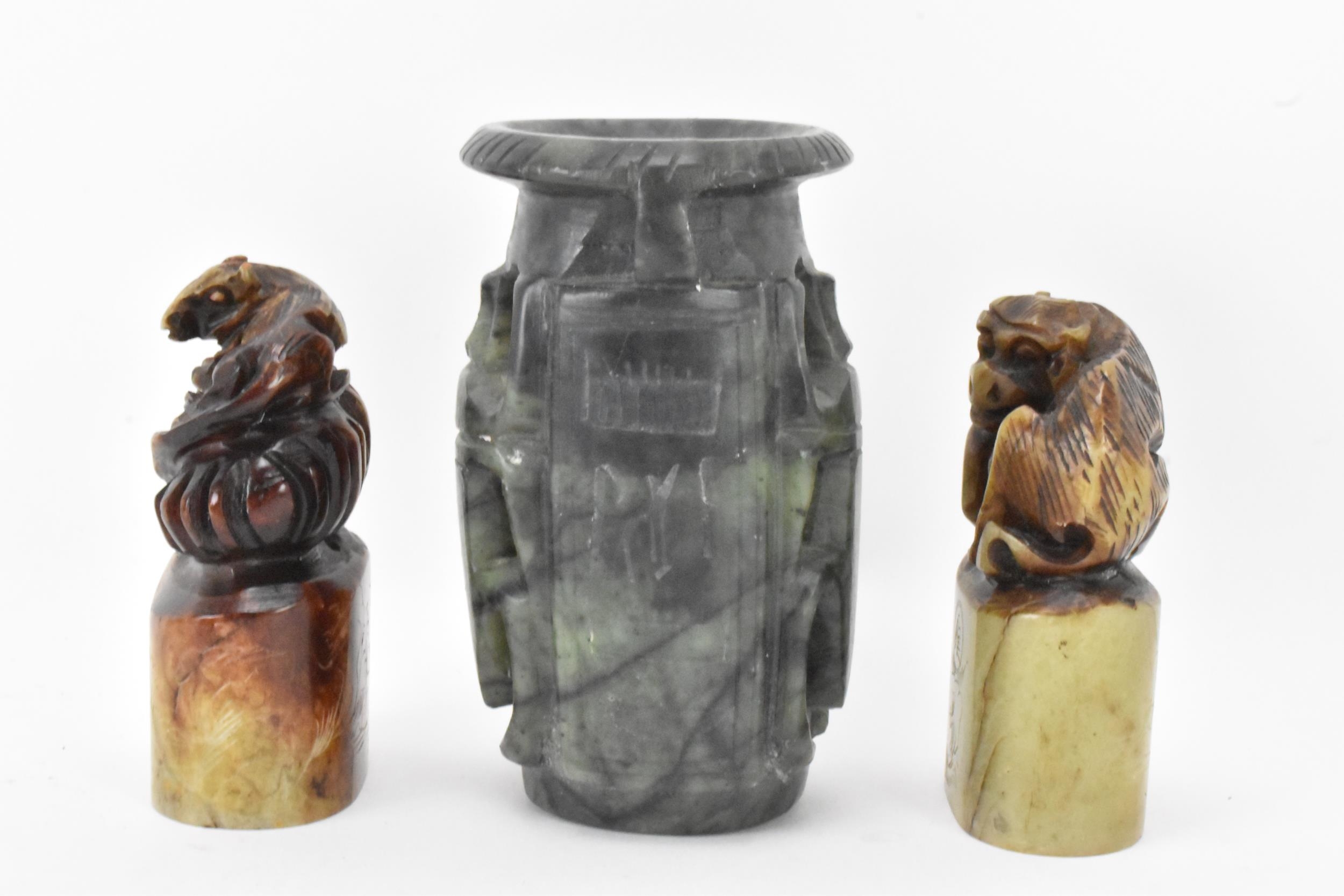 Two Chinese soapstone seals carved with animals raised on oval formed bases carved with landscape - Image 2 of 6