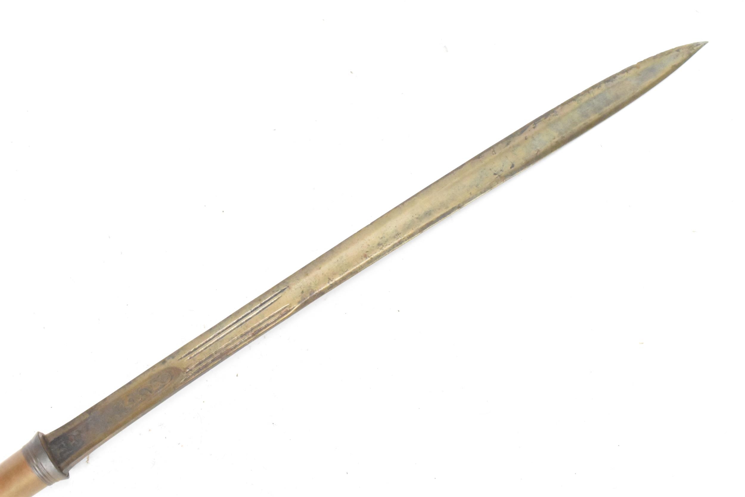 A Burmese Dha sword with shagreen handle and brass mounts and engraved curved blade, total length - Image 4 of 5