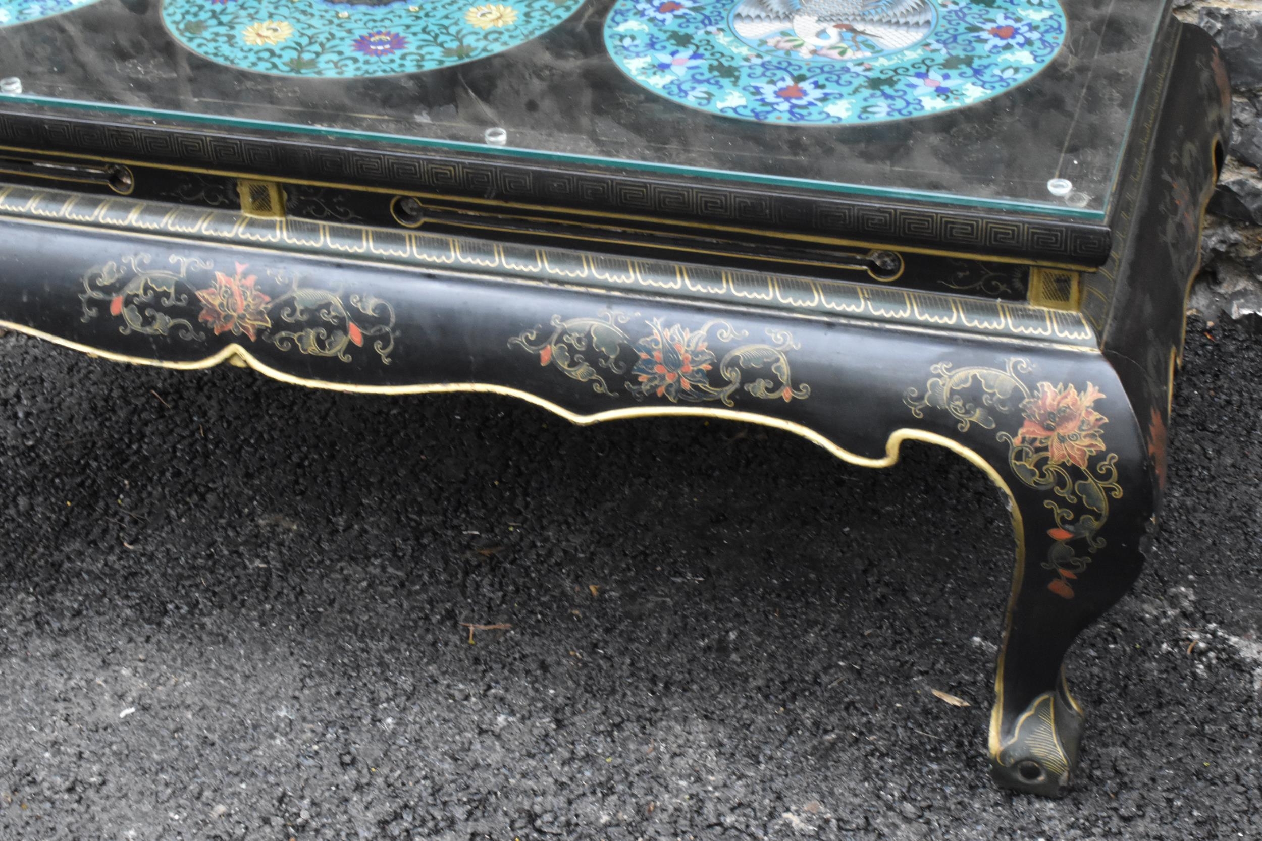 A Chinese 20th century cloisonne coffee table, the black lacquered low coffee table with a - Image 5 of 10