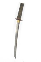 A Japanese wakizashi sword, steel blade, pierced tsuba, black braid bound tsuka, shagreen handle,