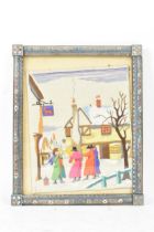 A Russian silver early 20th century champleve enamel photograph frame, inset with a tapestry and