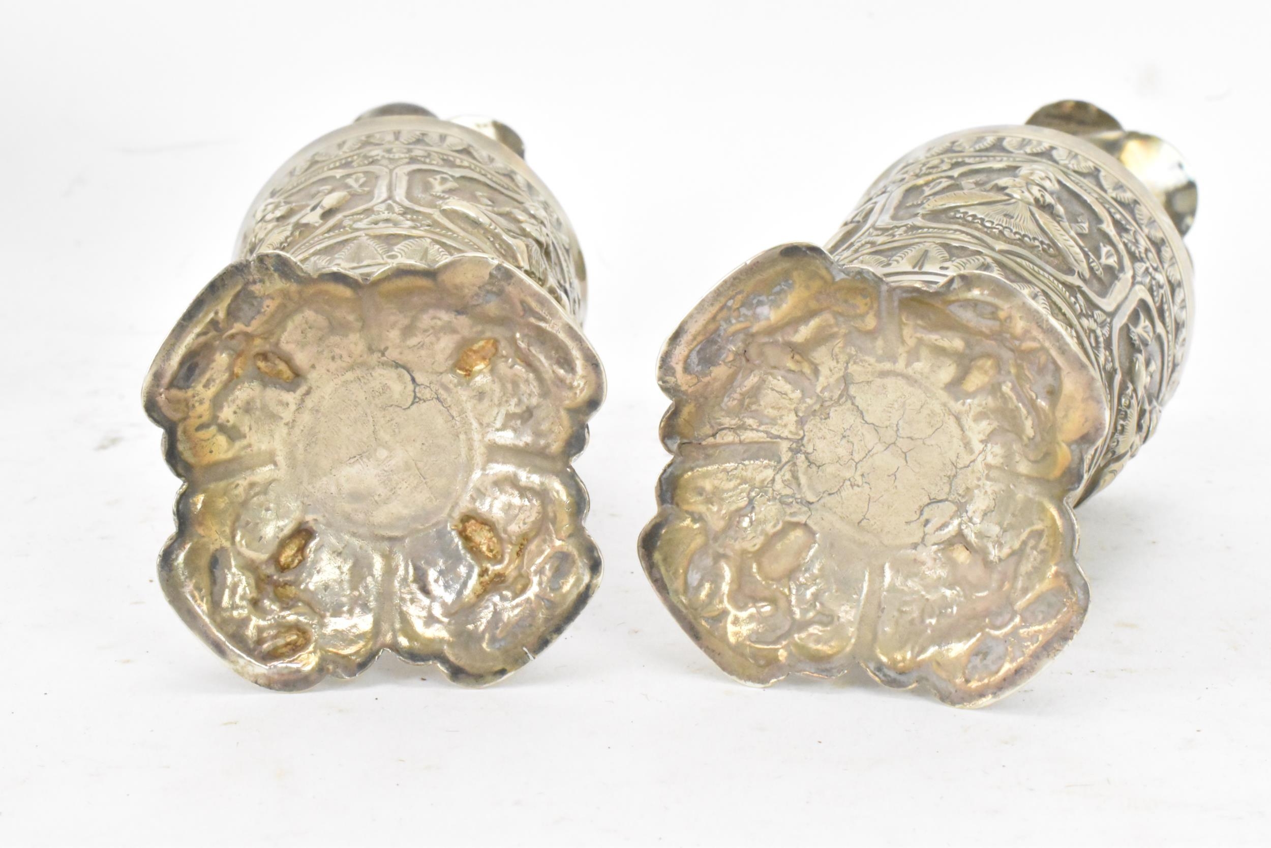 A small collection of Indian white metal implements including two vases with crimped tips and - Image 4 of 11