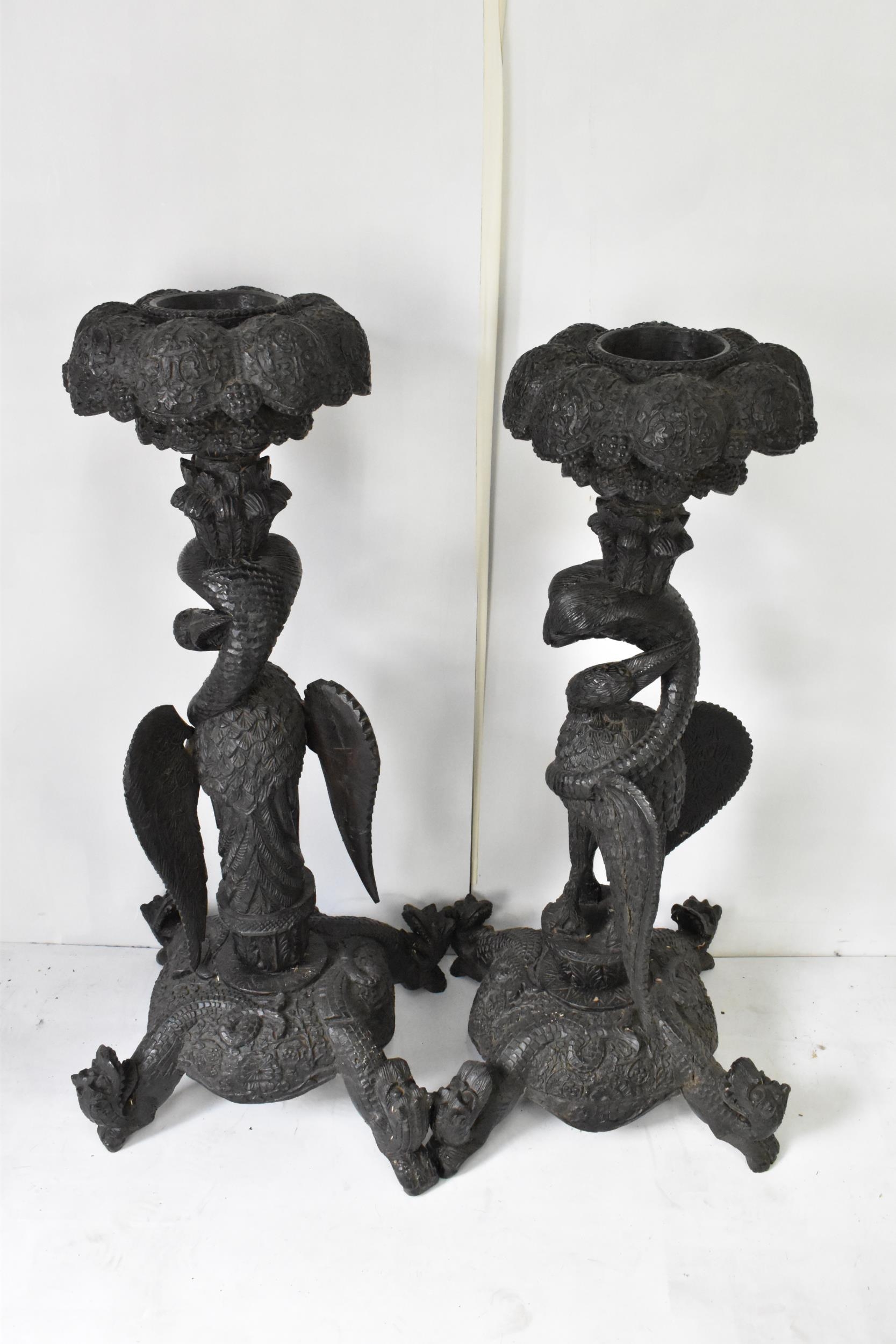 A pair of late 19th century Anglo-Indian colonial ebonized carved plant stands, each having ornately - Image 5 of 5