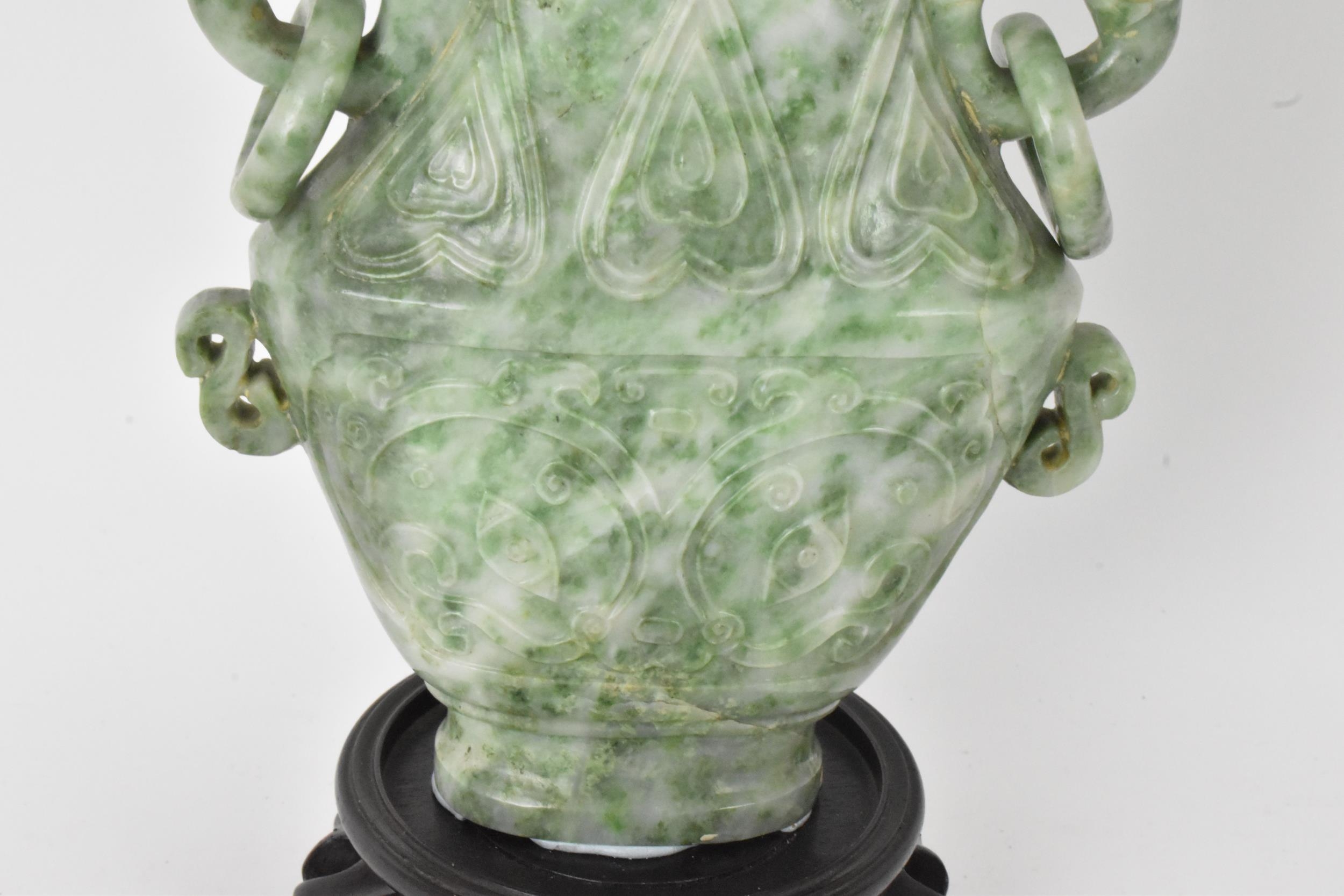 A Chinese 20th century jadeite vase, of flattened baluster shape with archaistic relief - Image 3 of 8