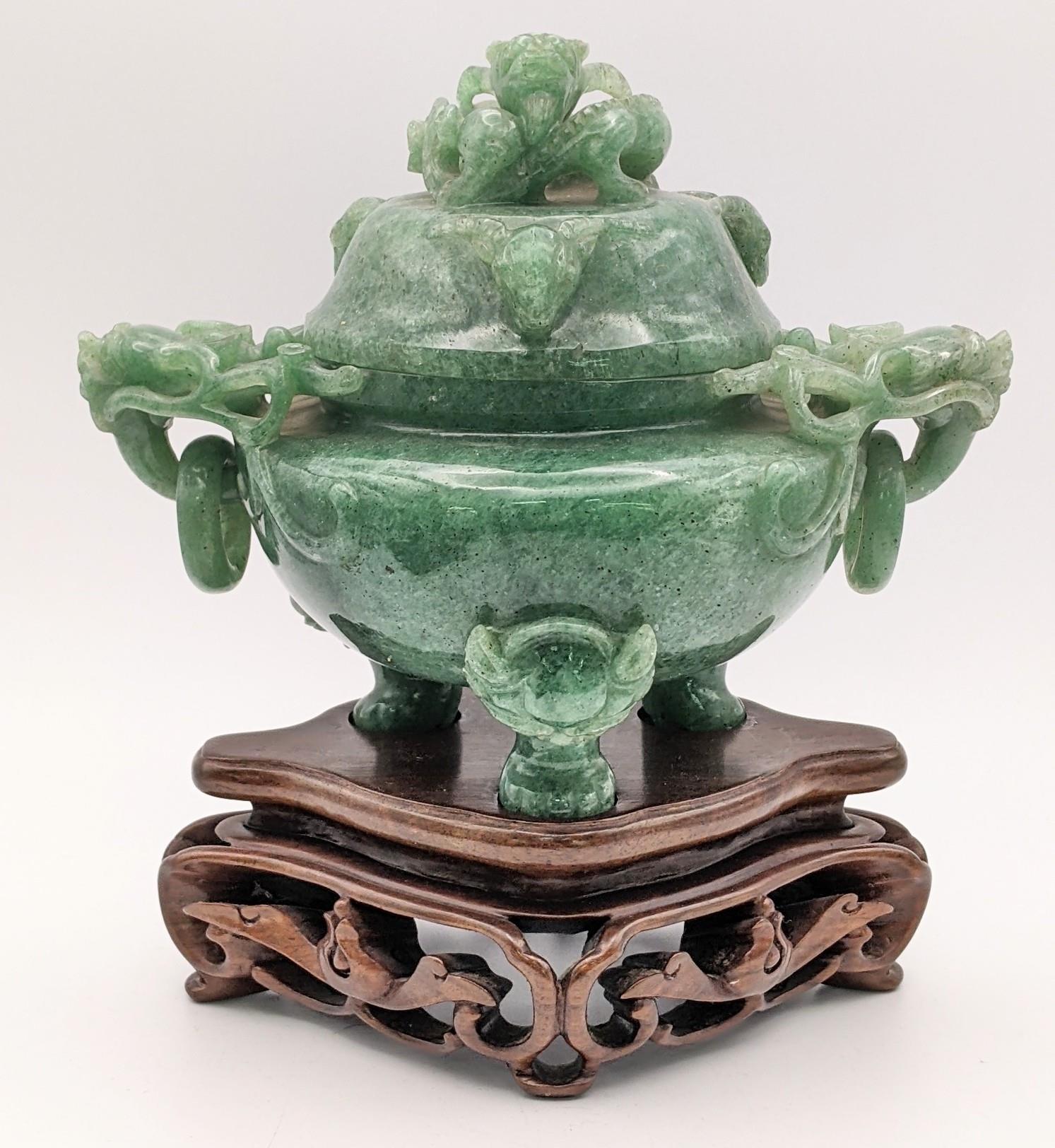 A 20th century Chinese jade censor, the lid decorated with a coiled dragon