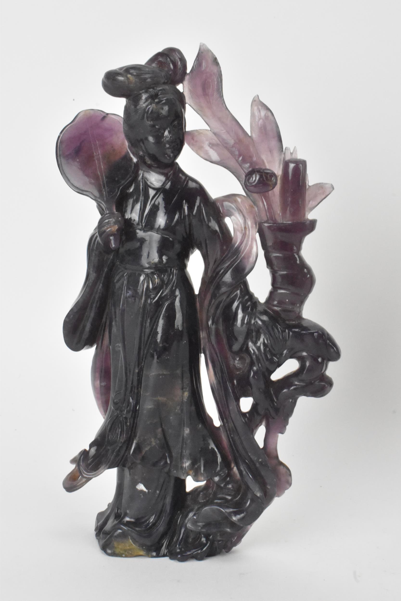 Two Chinese 20th century jadeite carved figures, the green example modeled holding a fan and flowers - Image 2 of 7