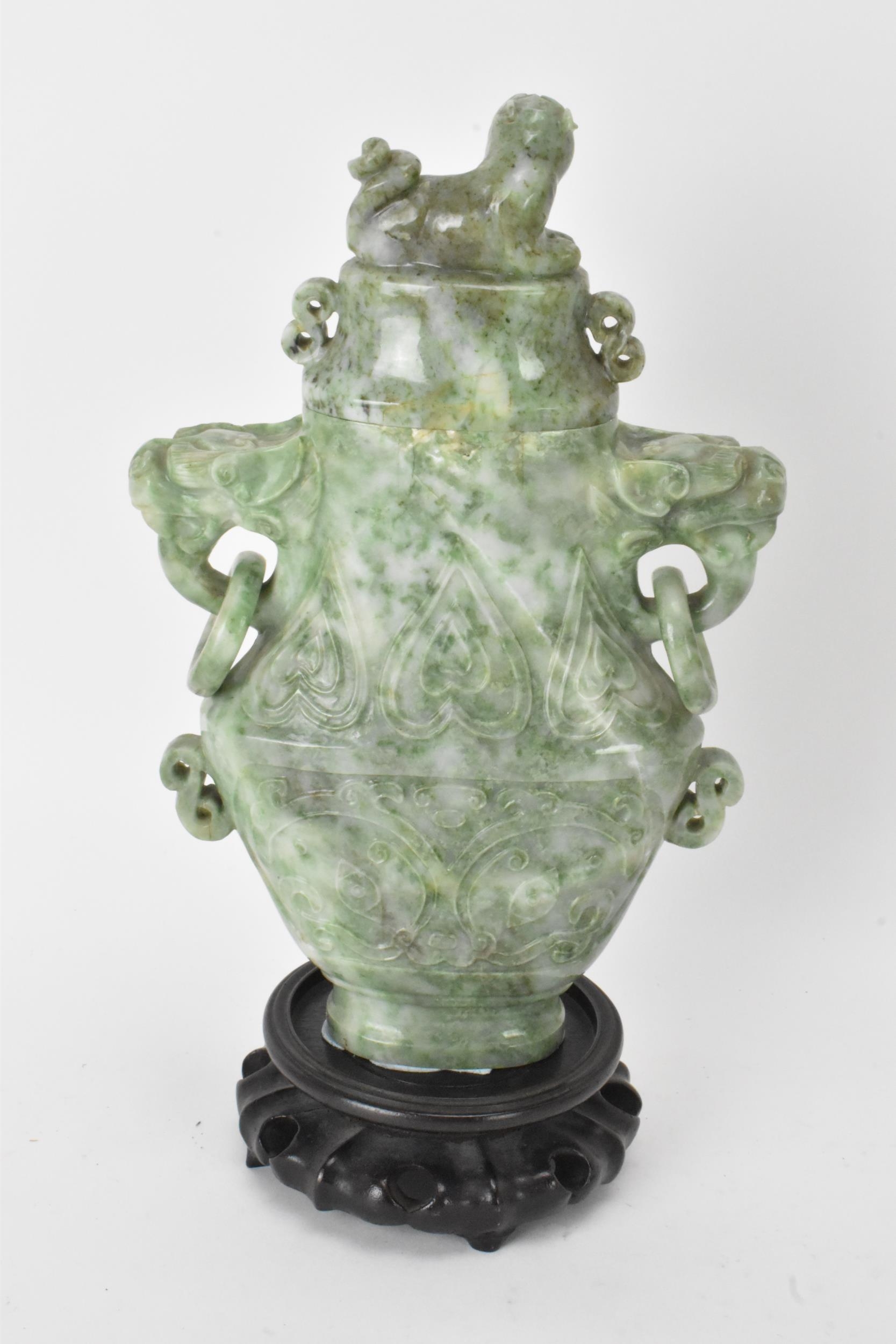 A Chinese 20th century jadeite vase, of flattened baluster shape with archaistic relief - Image 6 of 8