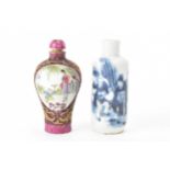 Two Chinese porcelain hand painted snuff bottles to include a Qing dynasty blue and white bottle