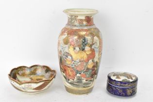 Three Japanese Meiji period pieces to include a circa 1900 vase decorated with two panels of figures