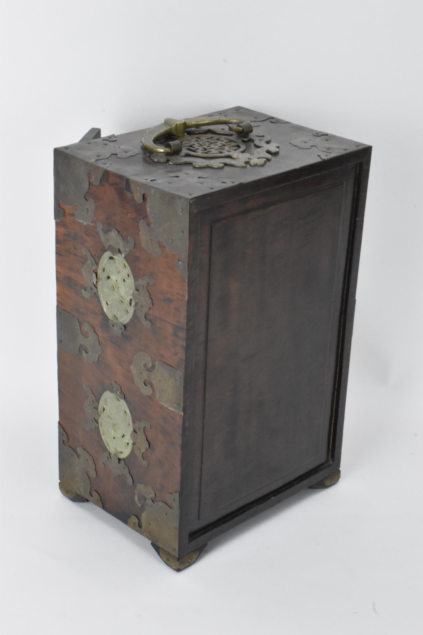 A Chinese 20th century hardwood and jade panelled jewellery cabinet box, the cabinet having twin - Image 4 of 5