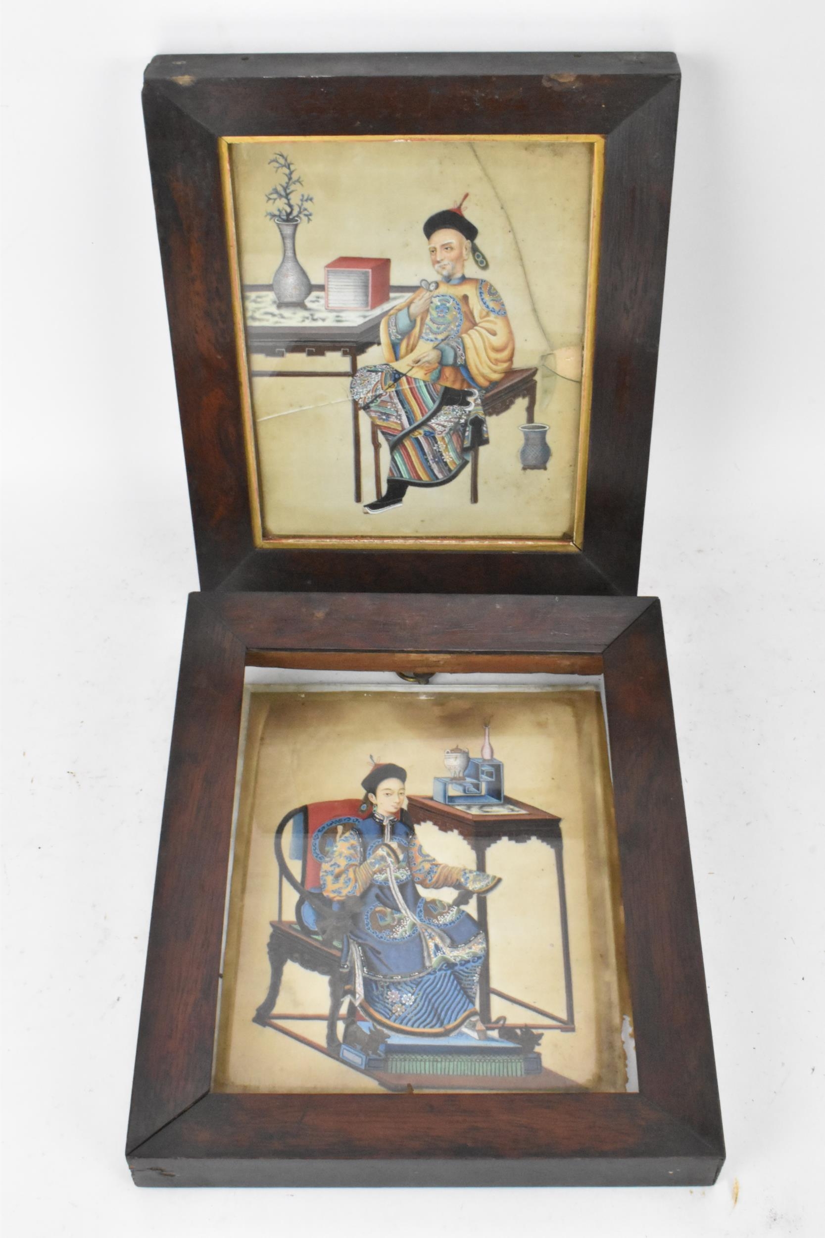 Two Chinese export late Qing dynasty watercolours on rice paper paintings depicted a seated