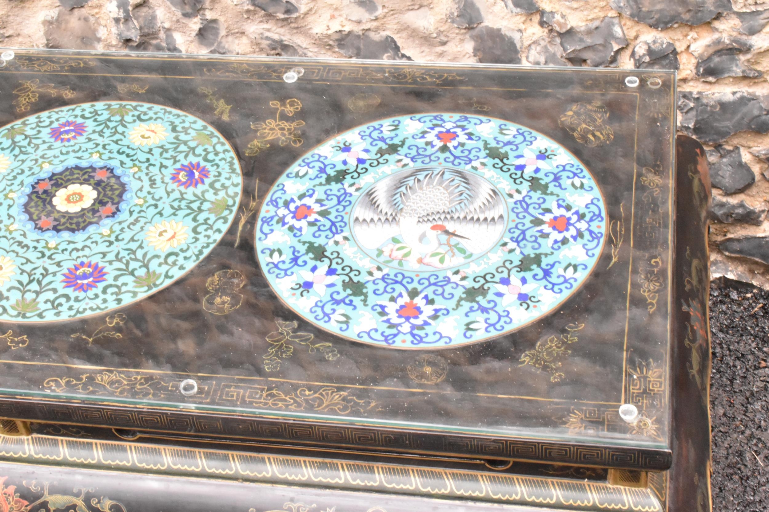 A Chinese 20th century cloisonne coffee table, the black lacquered low coffee table with a - Image 9 of 10